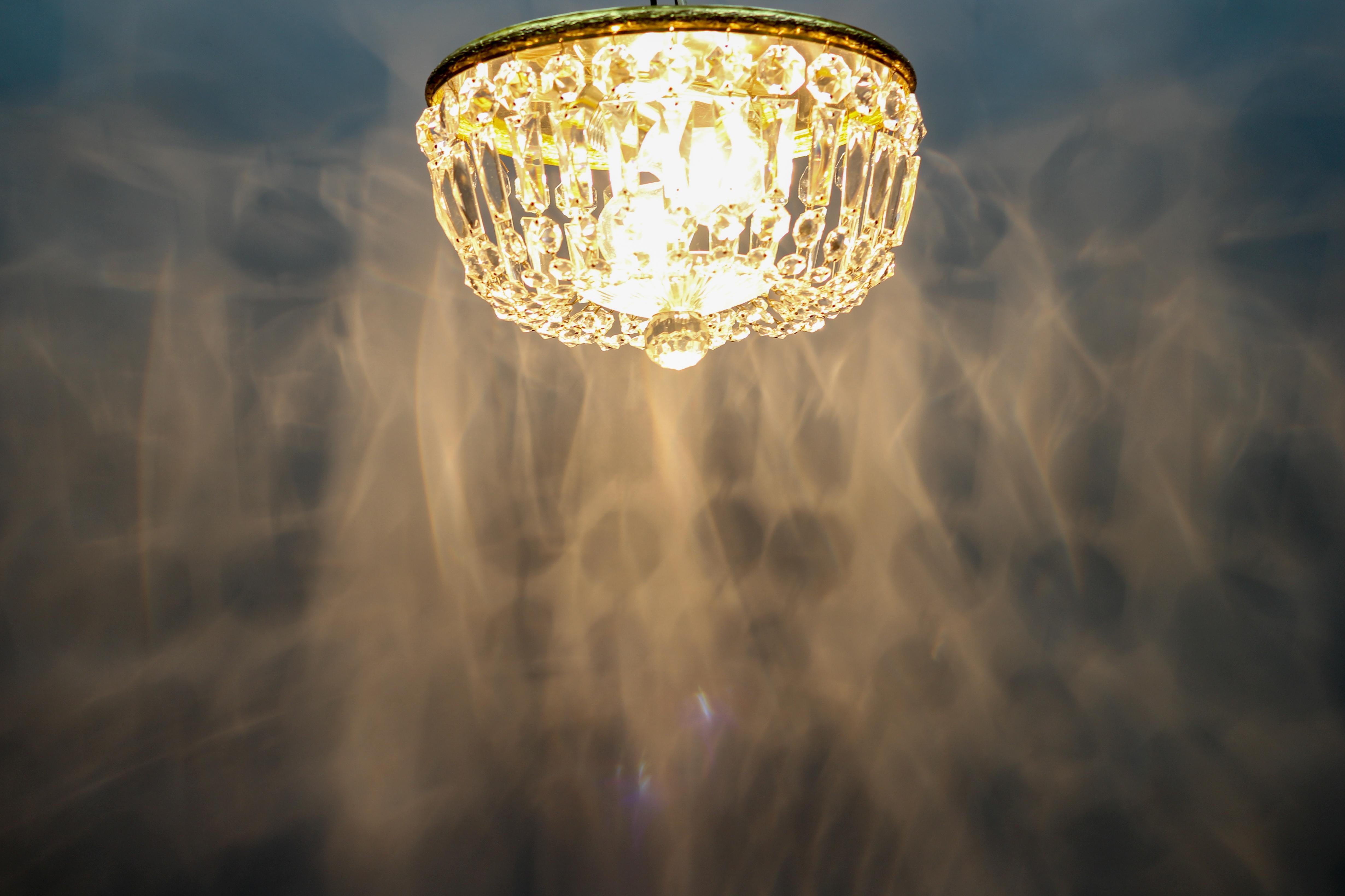 Mid-20th Century Mid-Century Crystal and Glass Two-Light Basket Flush Mount Ceiling Fixture