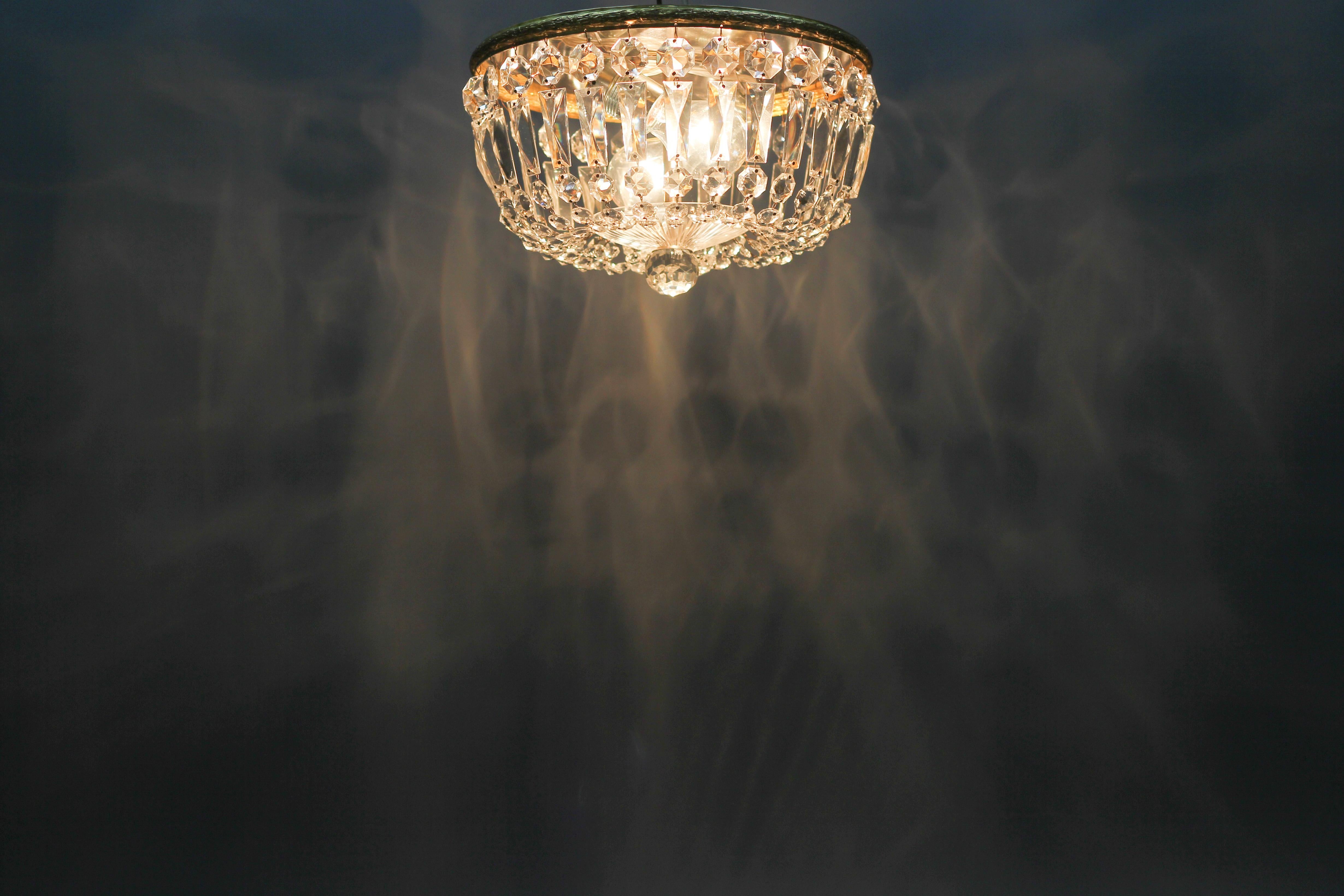 Metal Mid-Century Crystal and Glass Two-Light Basket Flush Mount Ceiling Fixture