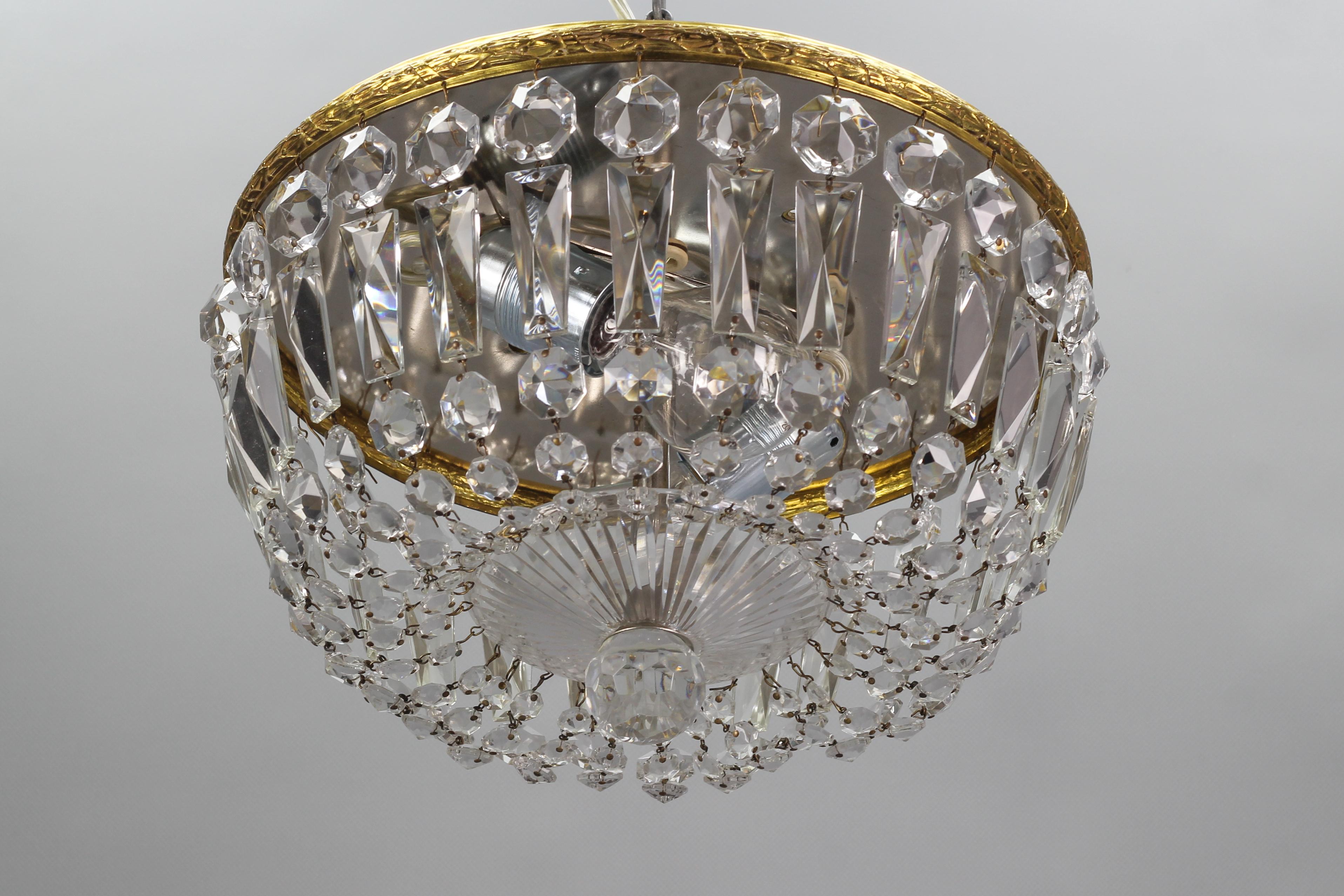 Mid-Century Crystal and Glass Two-Light Basket Flush Mount Ceiling Fixture 1