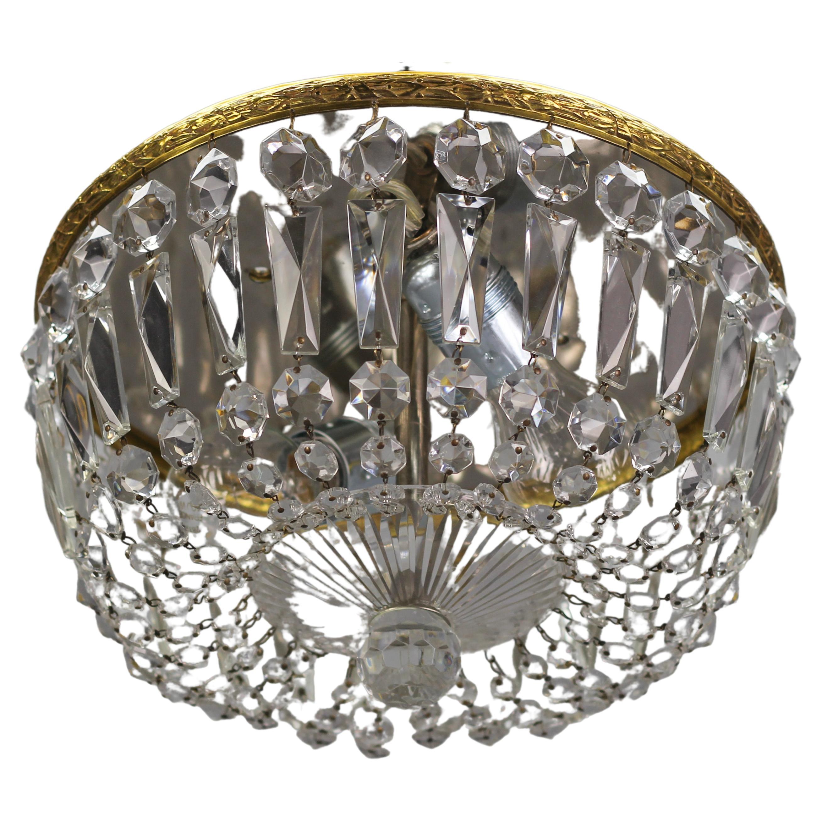 Mid-Century Crystal and Glass Two-Light Basket Flush Mount Ceiling Fixture