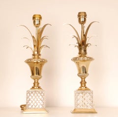 Mid Century Crystal and Gold Brass Reed or Palm Leaves Table Lamps 1970s a pair