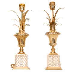 Mid Century Crystal and Gold Brass Reed or Palm Leaves Table Lamps 1970s a pair