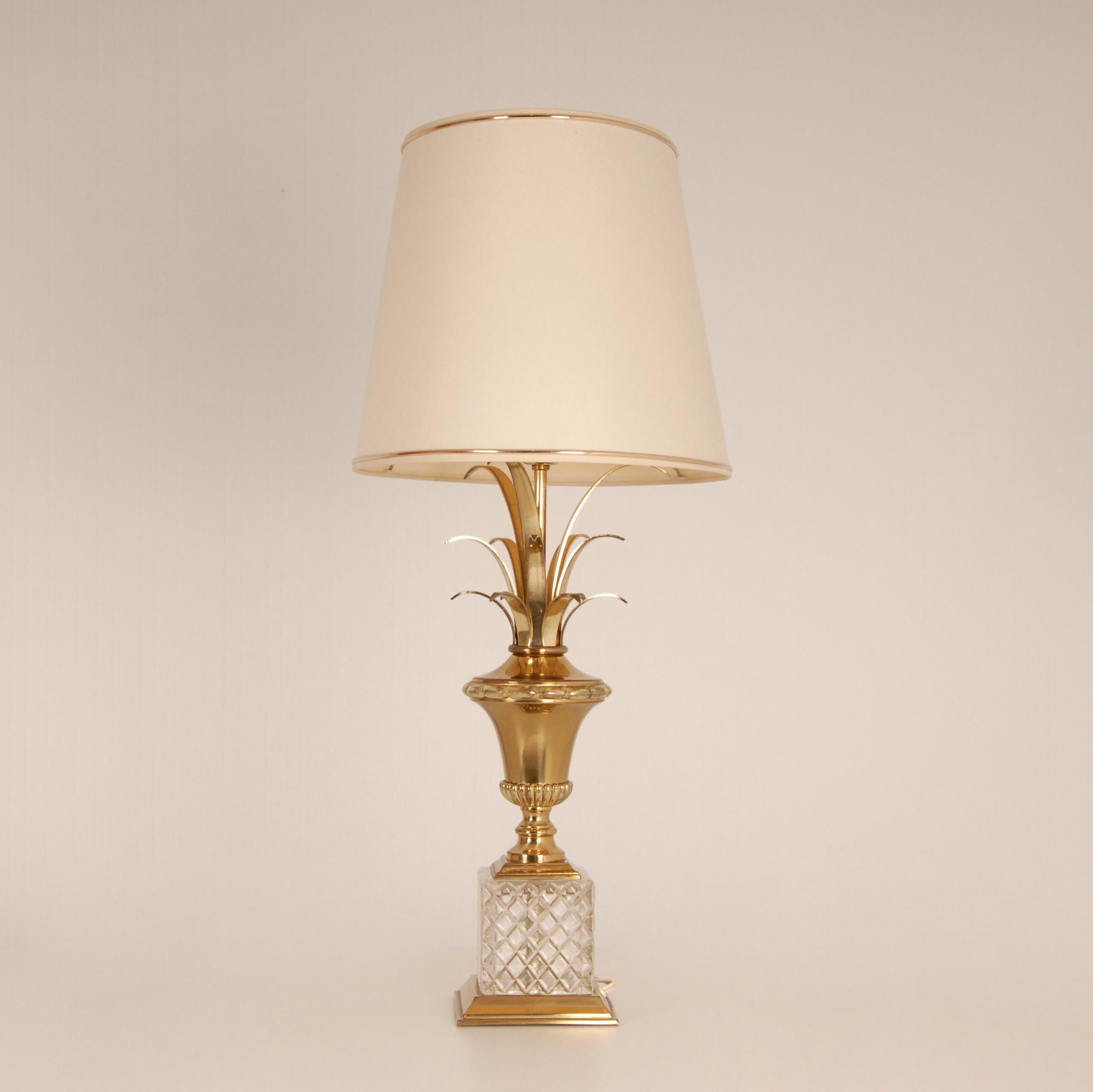 Mid Century Crystal and Gold Brass Reed or Palm Leaves Table Lamps 1970s For Sale 2
