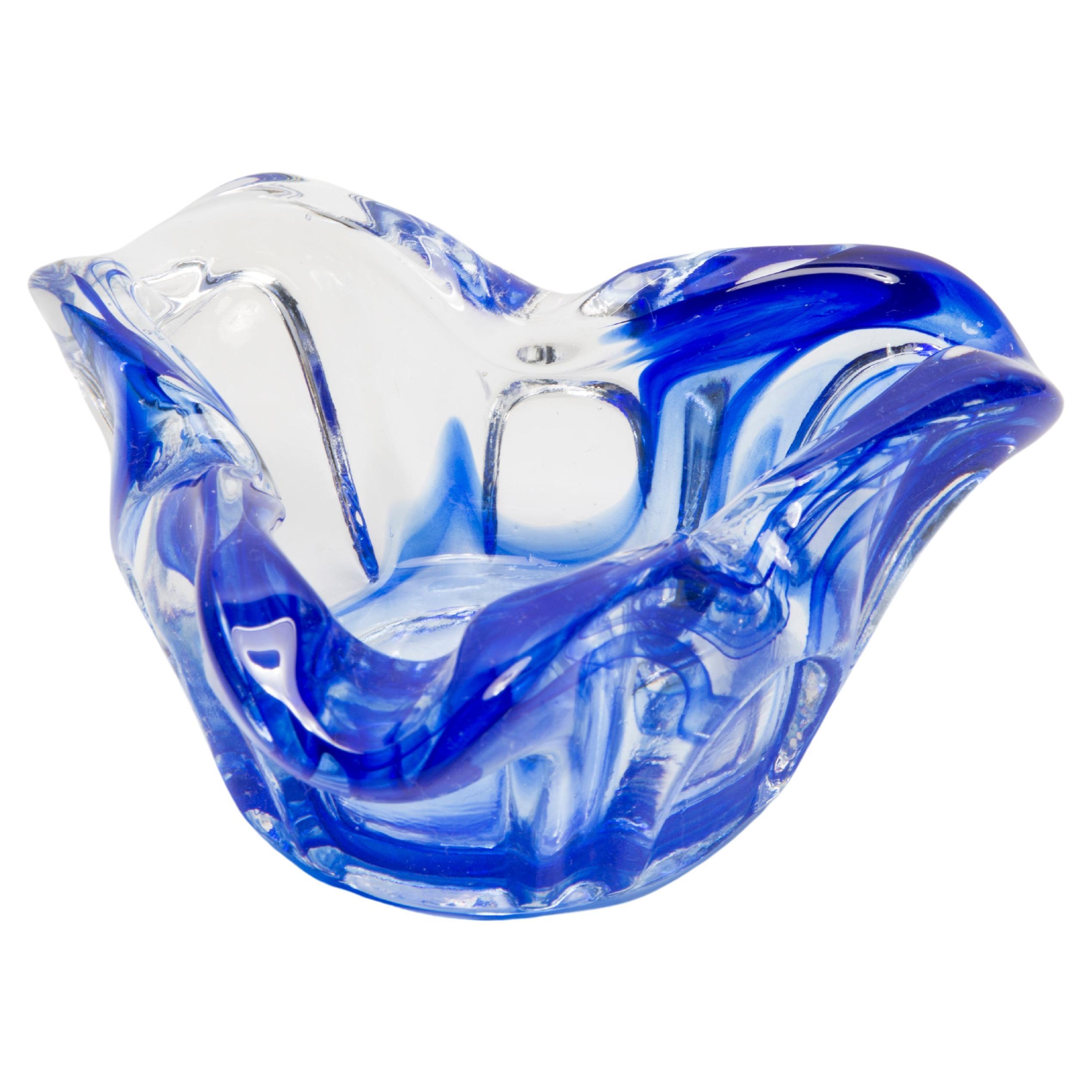Mid Century Crystal Blue Artistic Glass Ashtray Bowl, Italy, 1970s For Sale