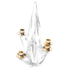 Chandelier du milieu du siècle en cristal et laiton, à 4 bras de lumière, signé Schneider