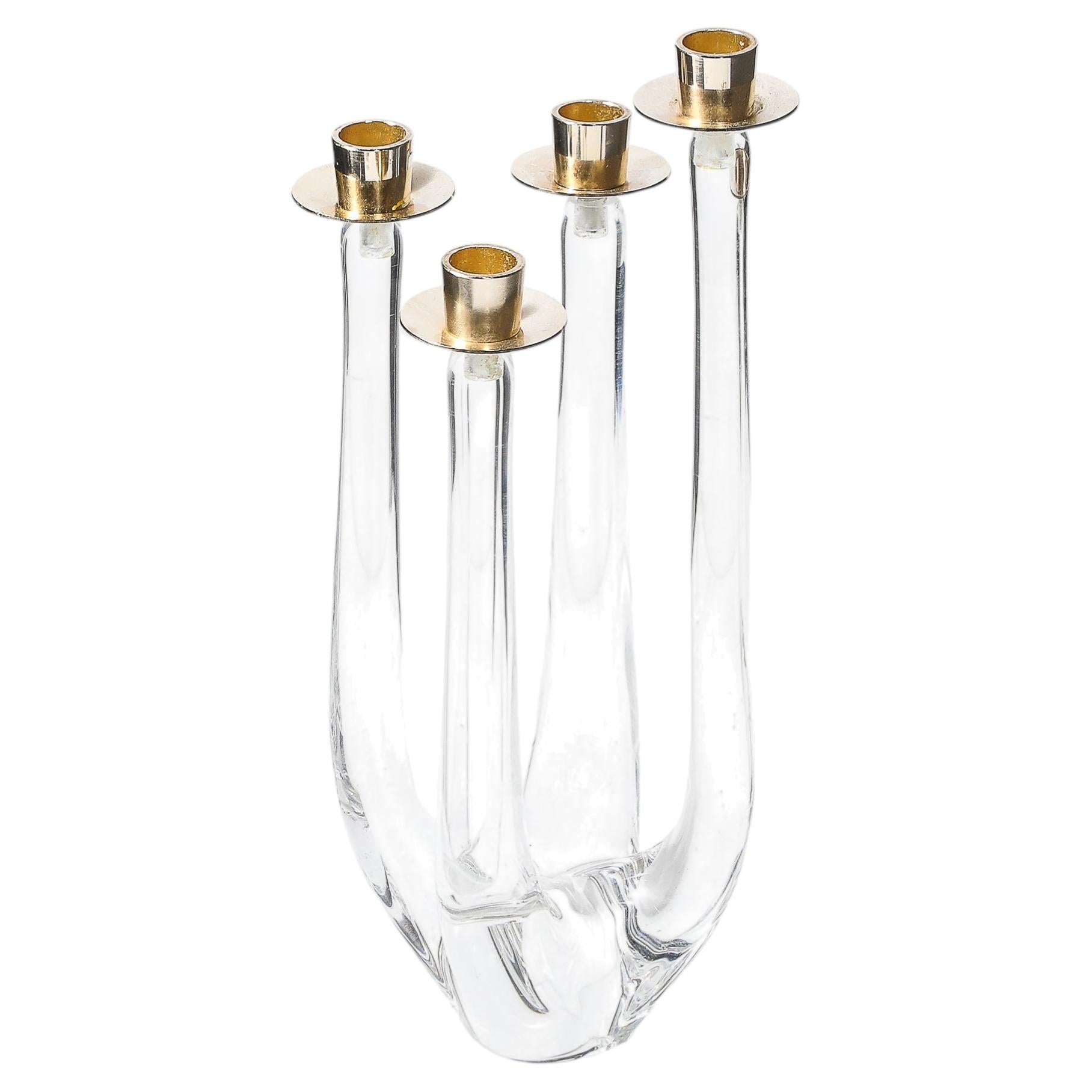 Mid-Century Crystal & Brass Amorphic Four Arm Candelabra Signed Schneider