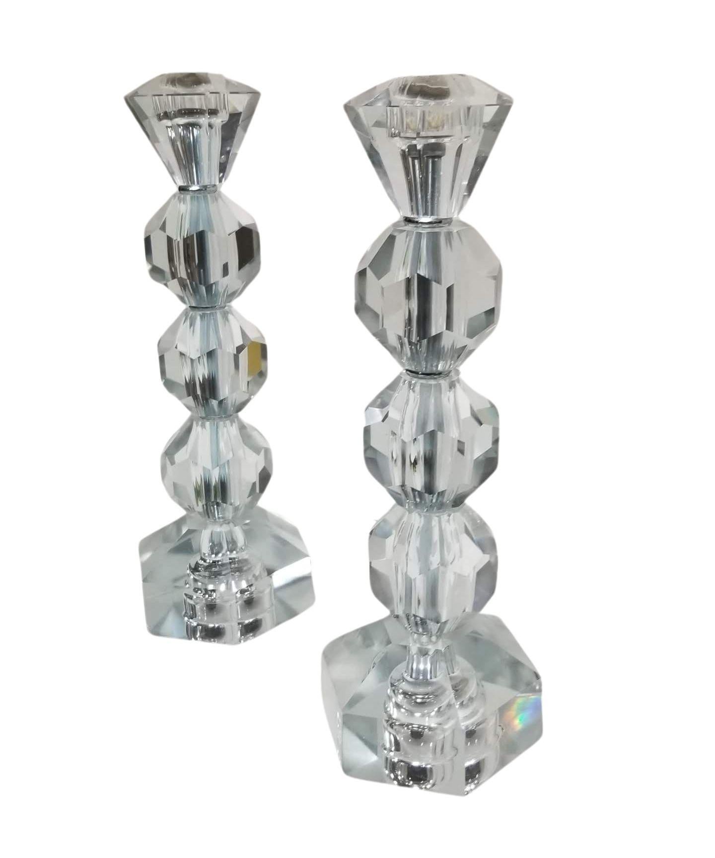 North American Mid Century Crystal Candlestick Diamond Top - Pair For Sale