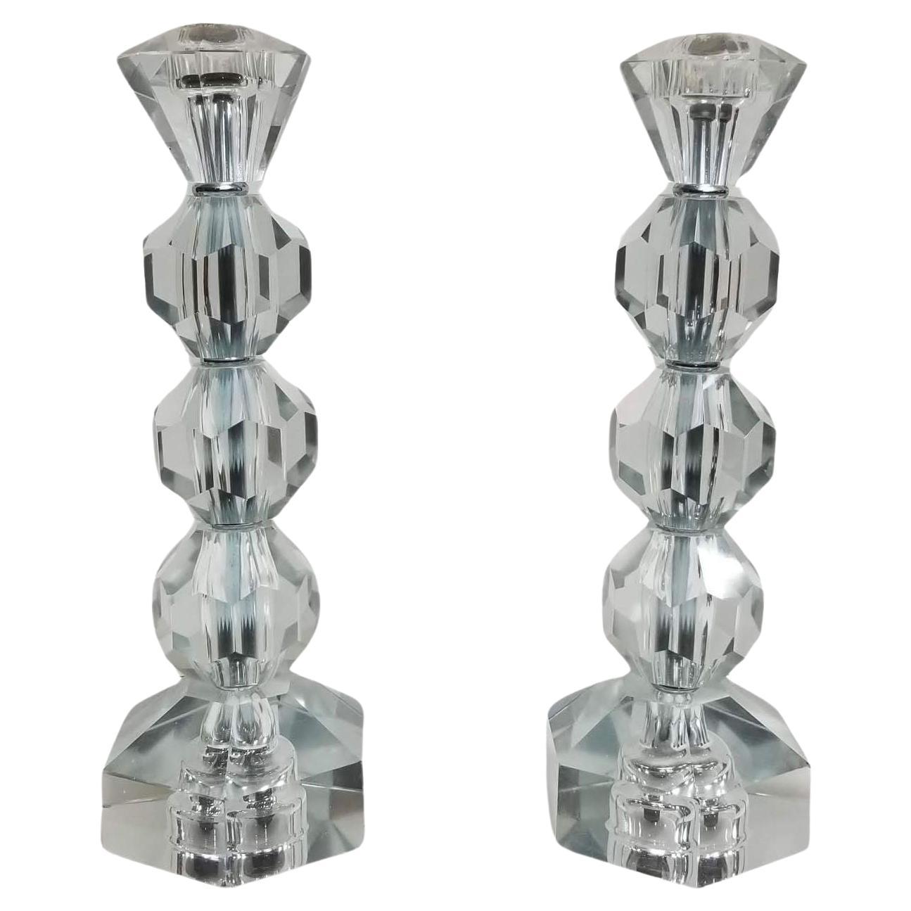 Mid Century Crystal Candlestick Diamond Top - Pair For Sale
