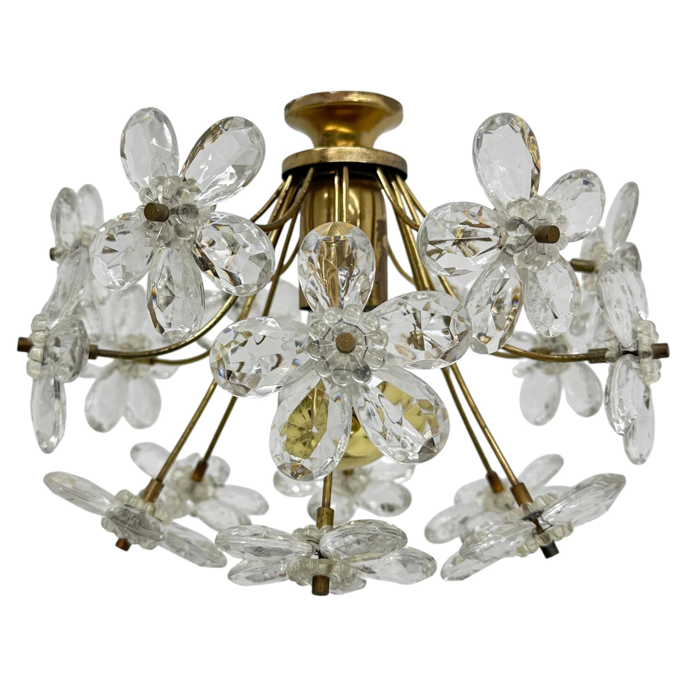 Mid century crystal flower ceiling lamp , 1970s For Sale