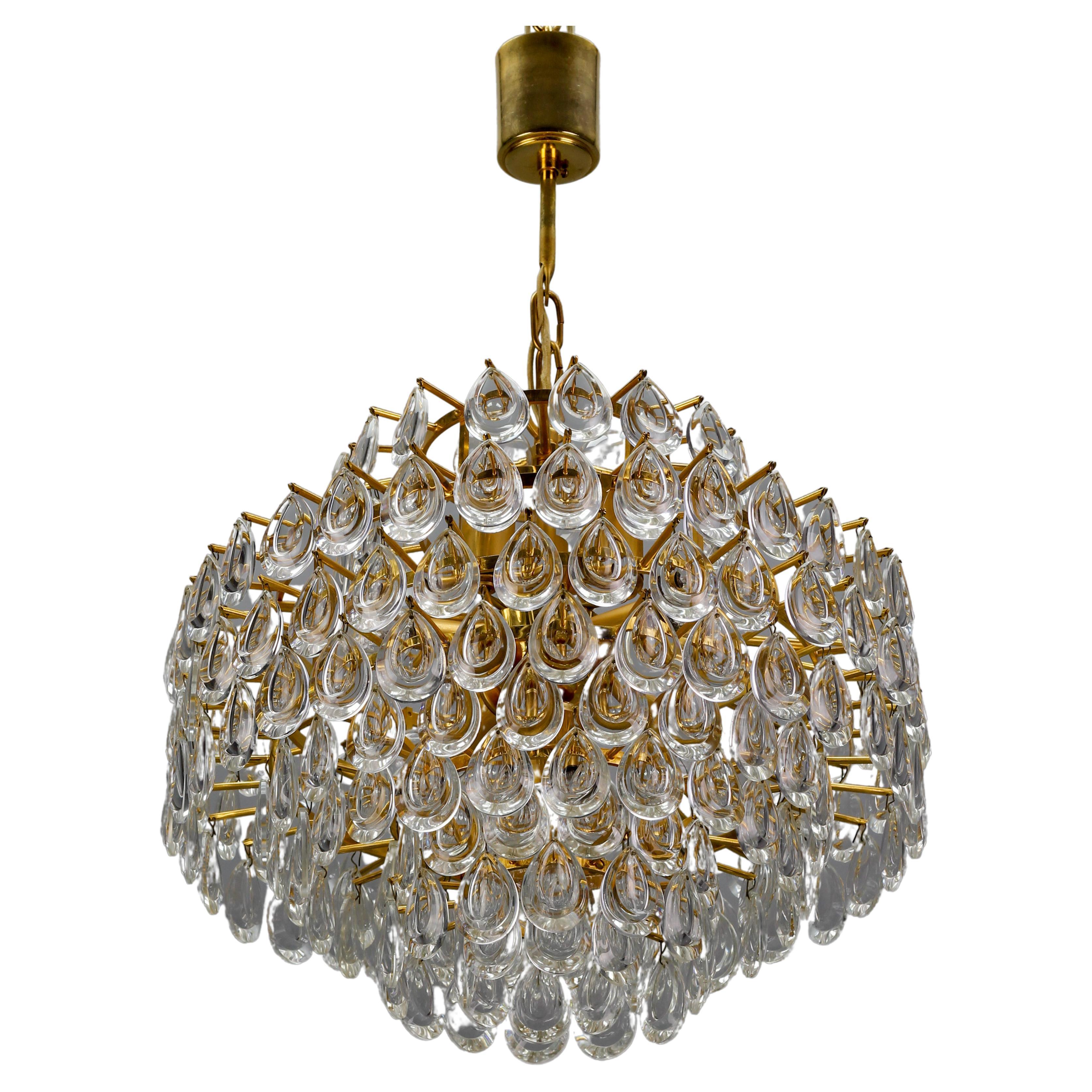 Mid-Century Crystal Glass and Gilt Brass Seven-Light Chandelier by Palwa