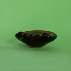 Mid Century Crystal Green and Orange Glass Bowl, Italy, 1970s