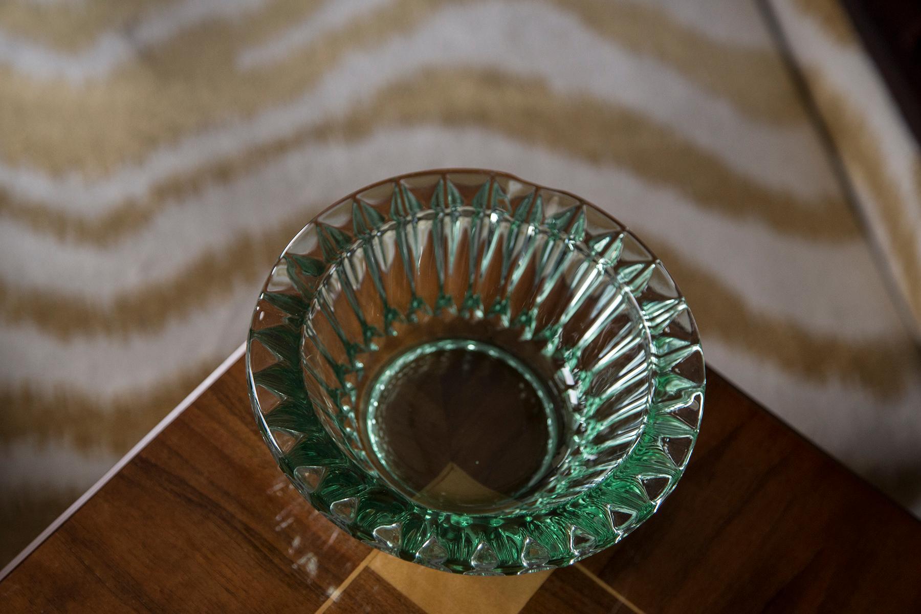 20th Century Mid Century Crystal Green Glass Ashtray Bowl, Italy, 1970s For Sale