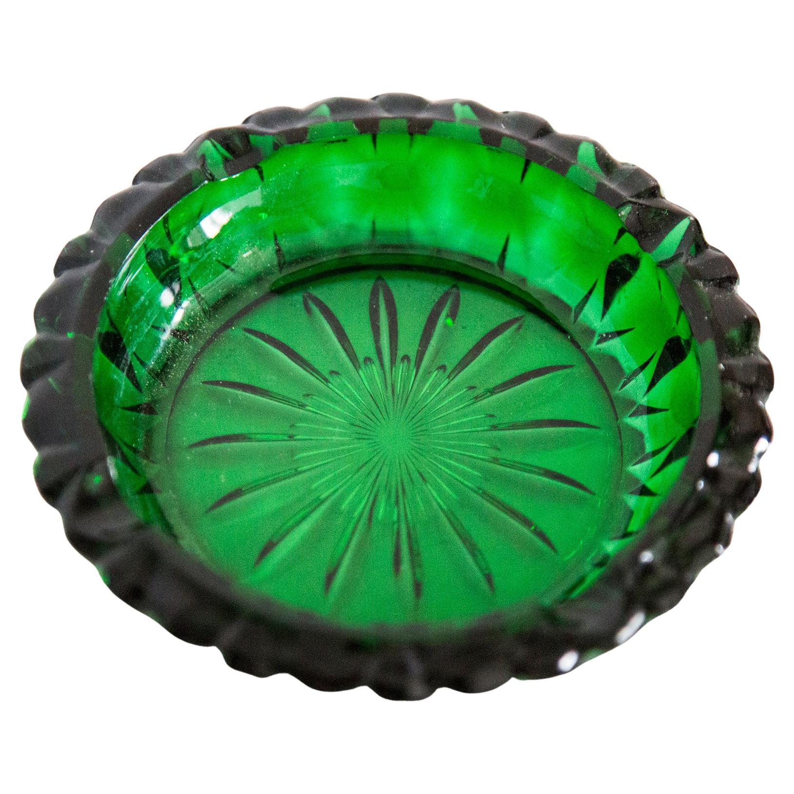Mid Century Crystal Green Glass Ashtray Bowl, Italy, 1970s For Sale