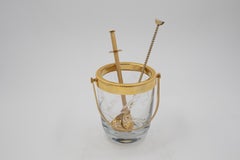 Mid-Century Crystal Ice Bucket with Gilt Brass Handle and Bar Tools