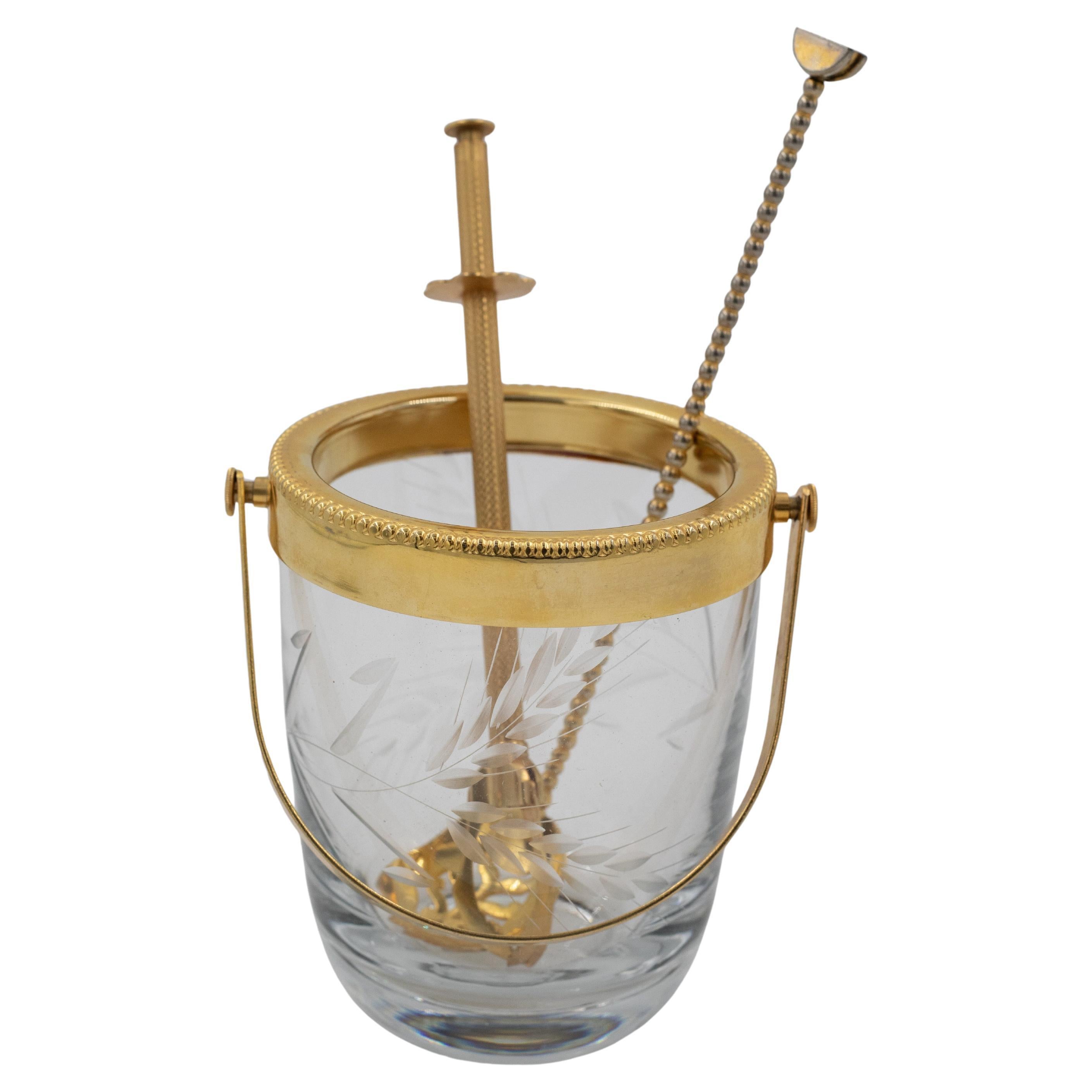 Mid-Century Crystal Ice Bucket with Gilt Brass Handle and Bar Tools