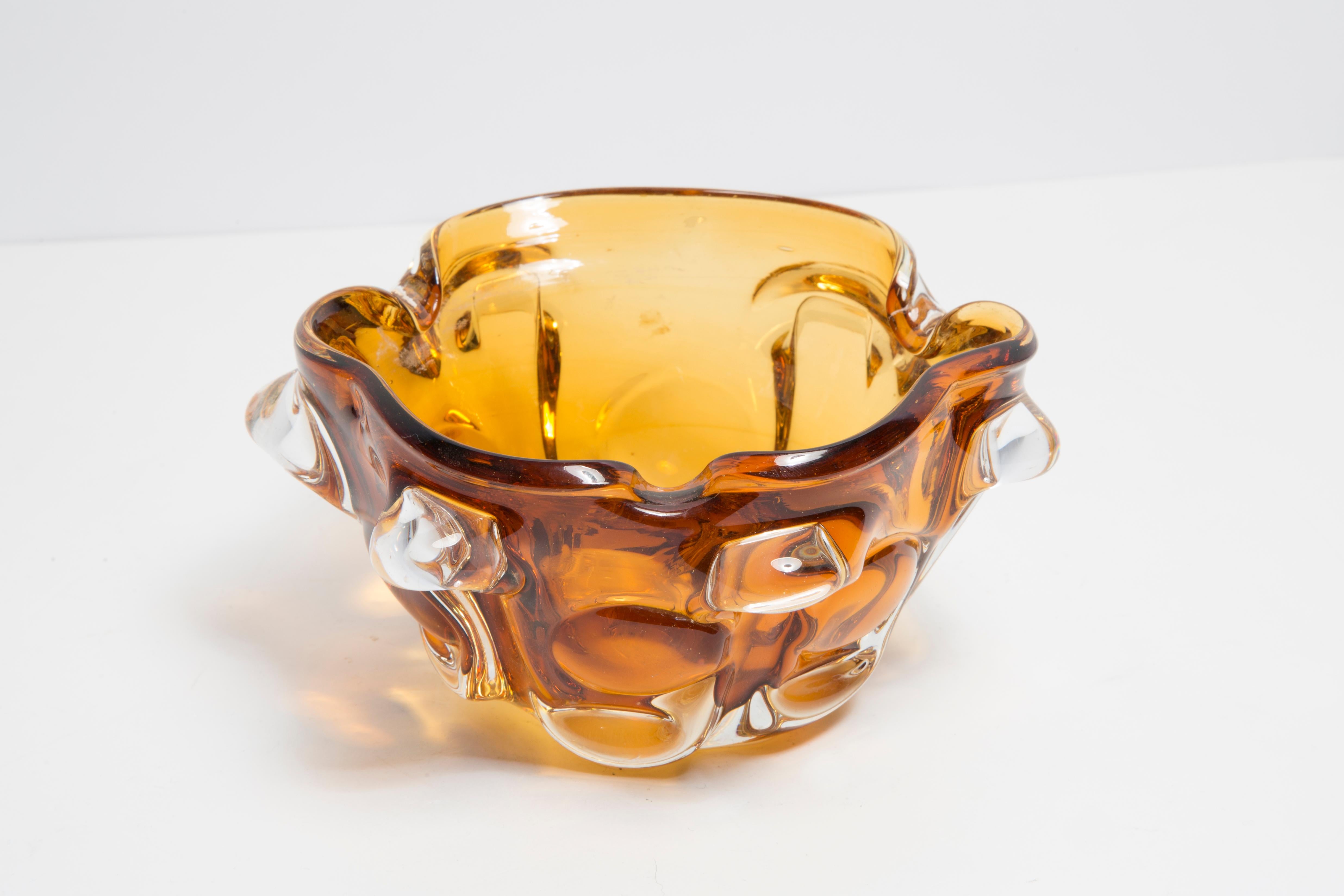 Italian Mid Century Crystal Mustard Yelllow Glass Ashtray Bowl, Italy, 1970s For Sale