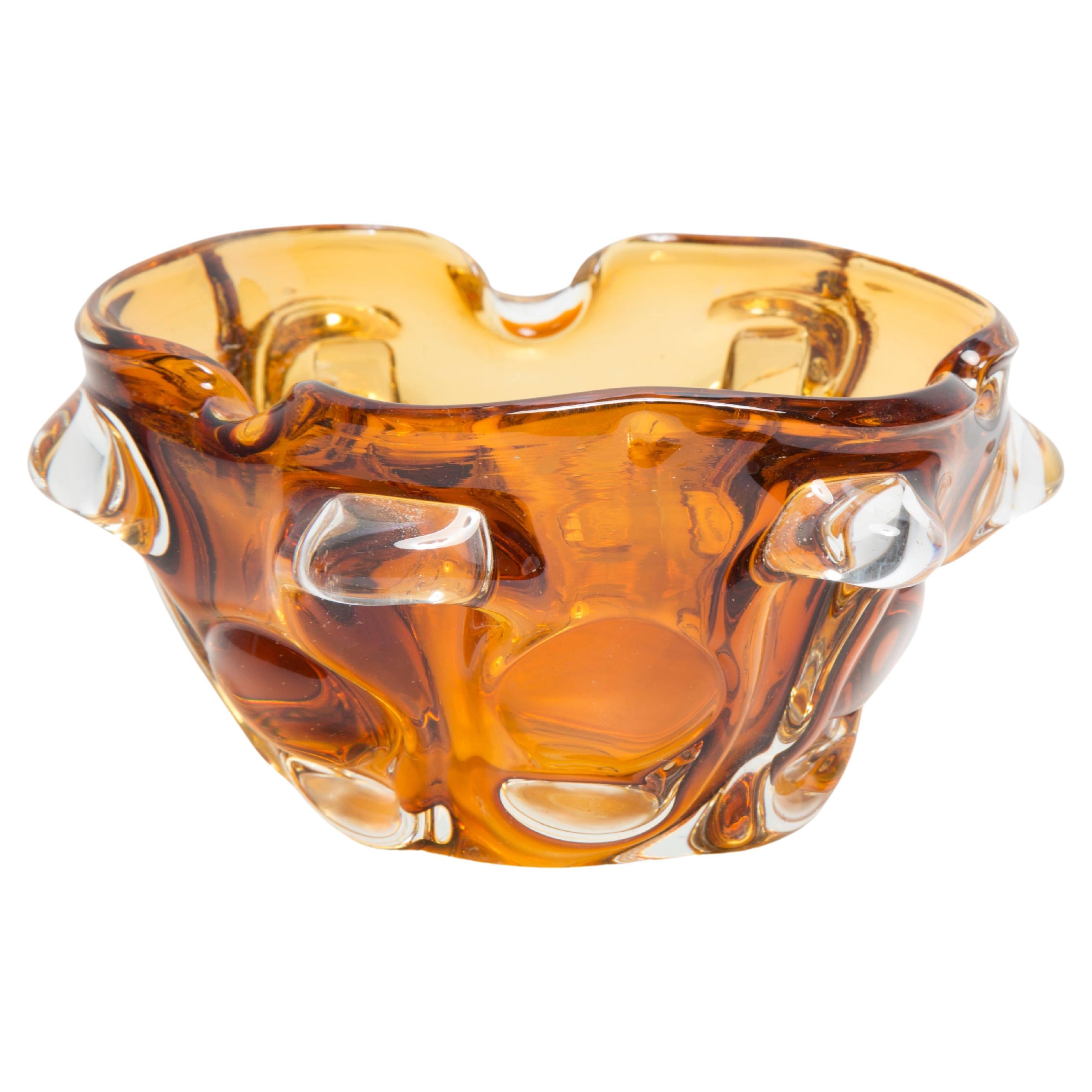 Mid Century Crystal Mustard Yelllow Glass Ashtray Bowl, Italy, 1970s For Sale