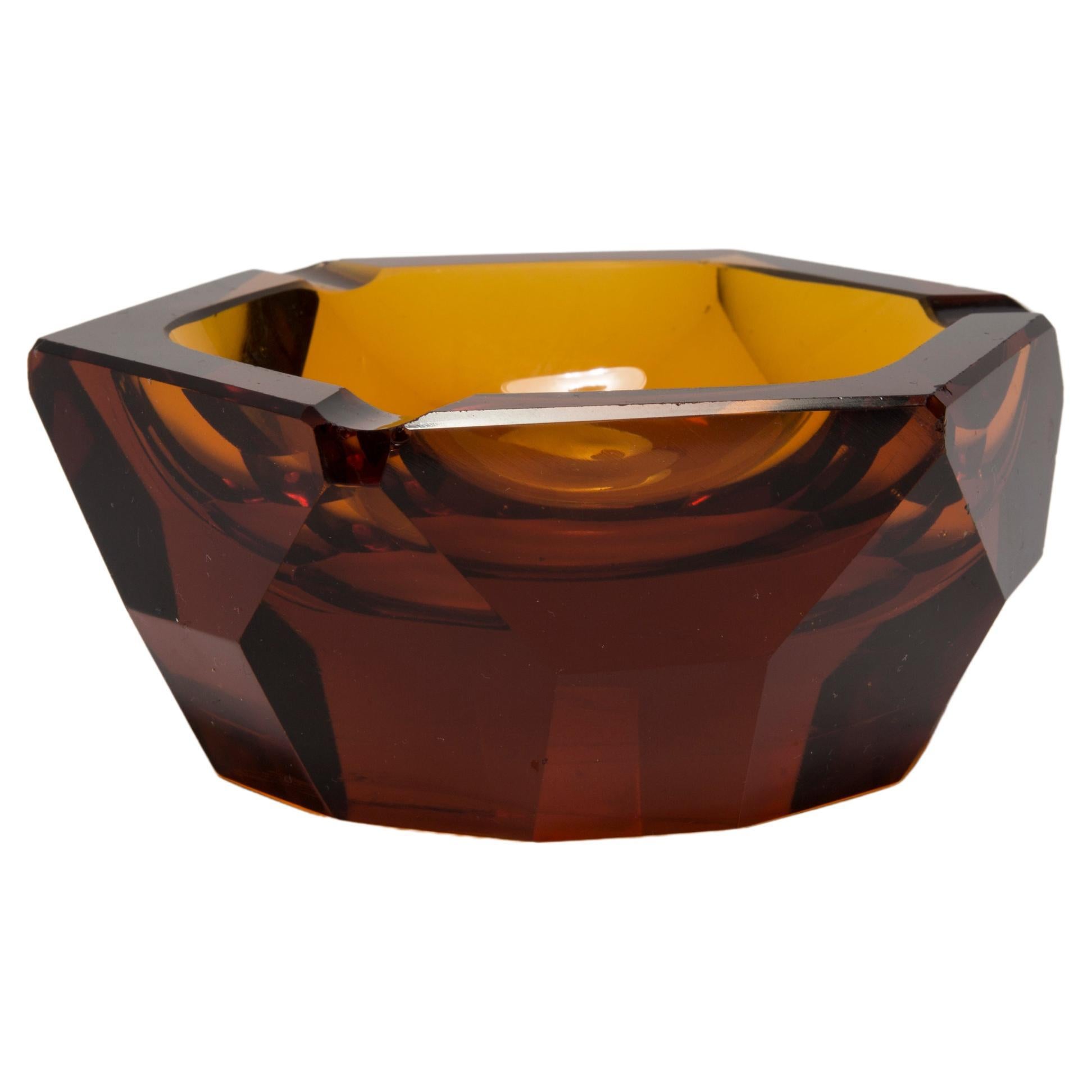 Mid Century Crystal Mustard Yellow Glass Ashtray Bowl, Italy, 1970s For Sale