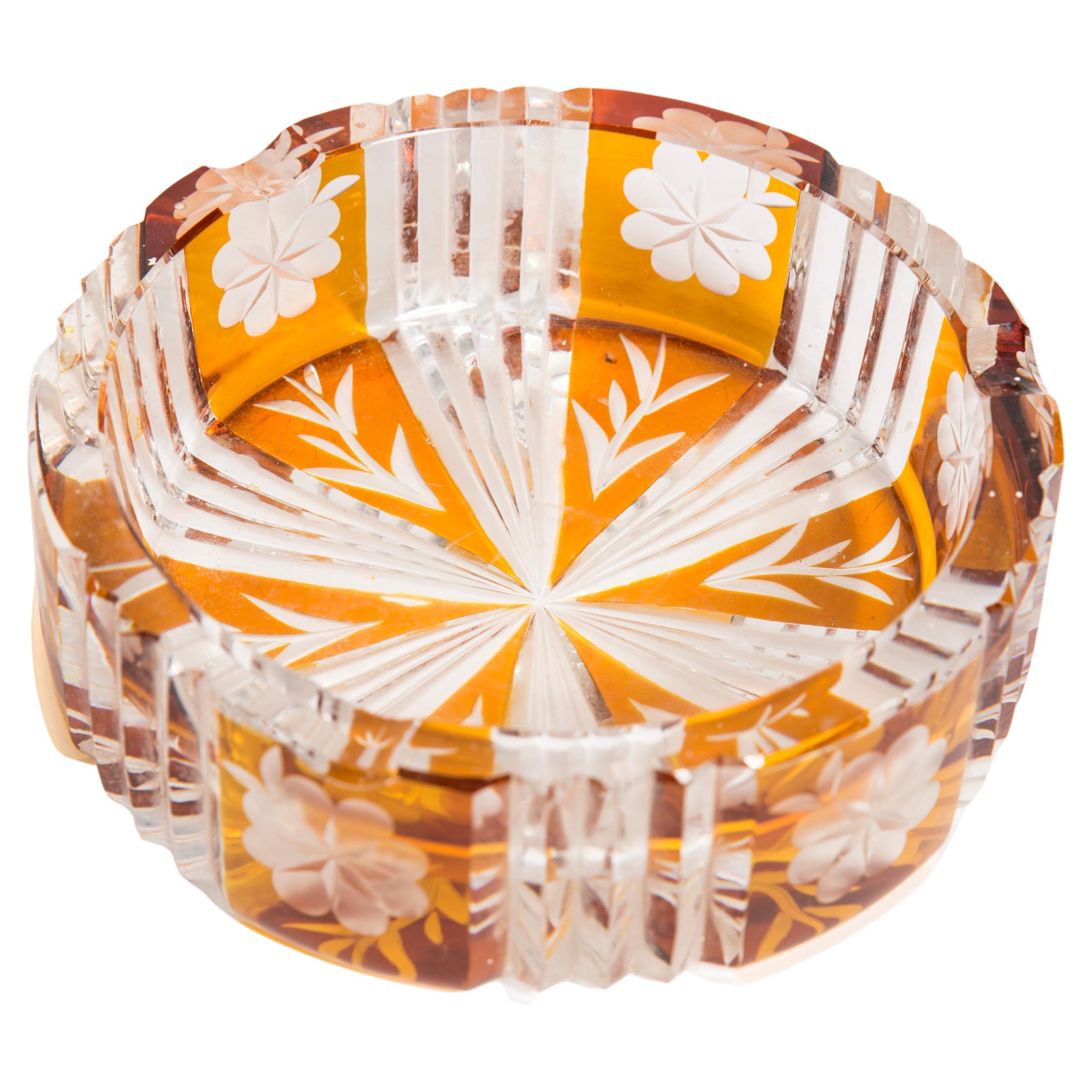 Mid Century Crystal Mustard Yellow Glass Bowl Ashtray, Italy, 1970s