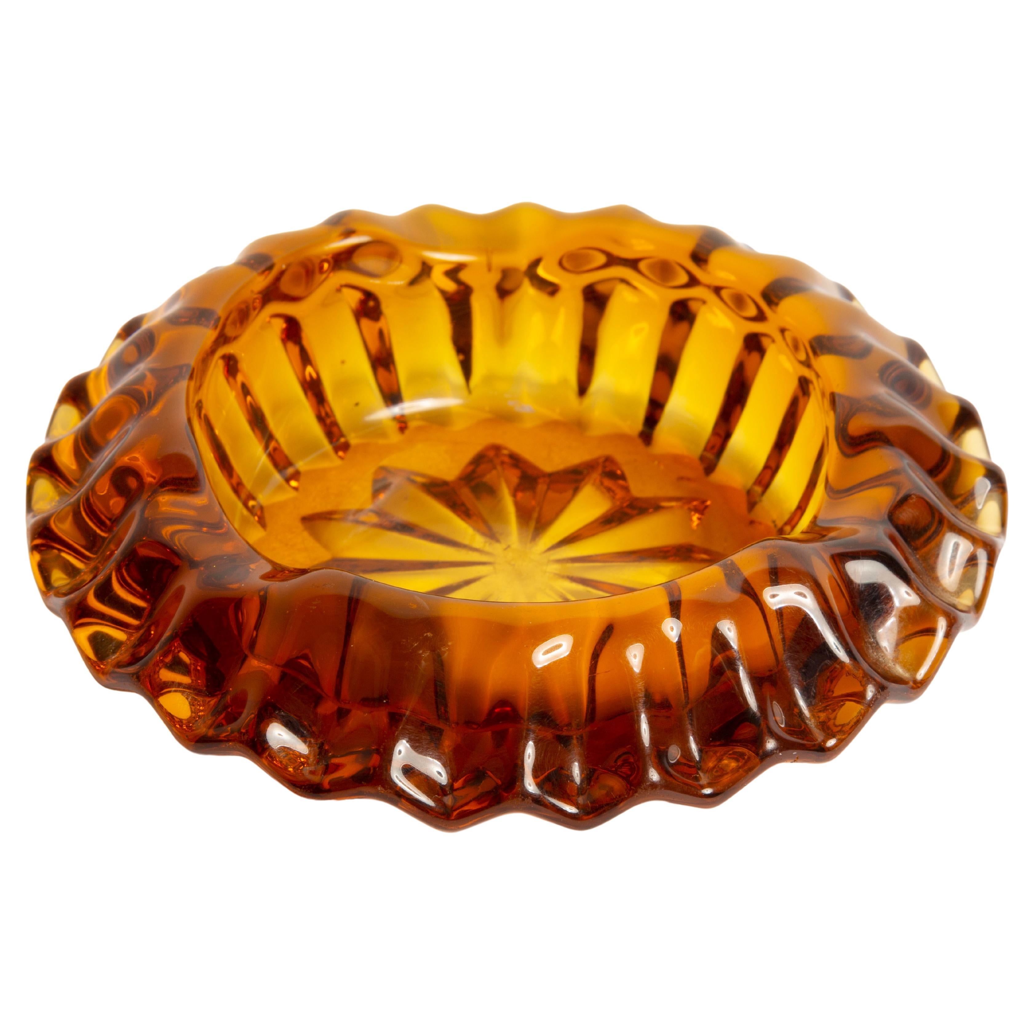 Midcentury Crystal Mustard Yellow Glass Bowl Ashtray, Italy, 1970s For Sale