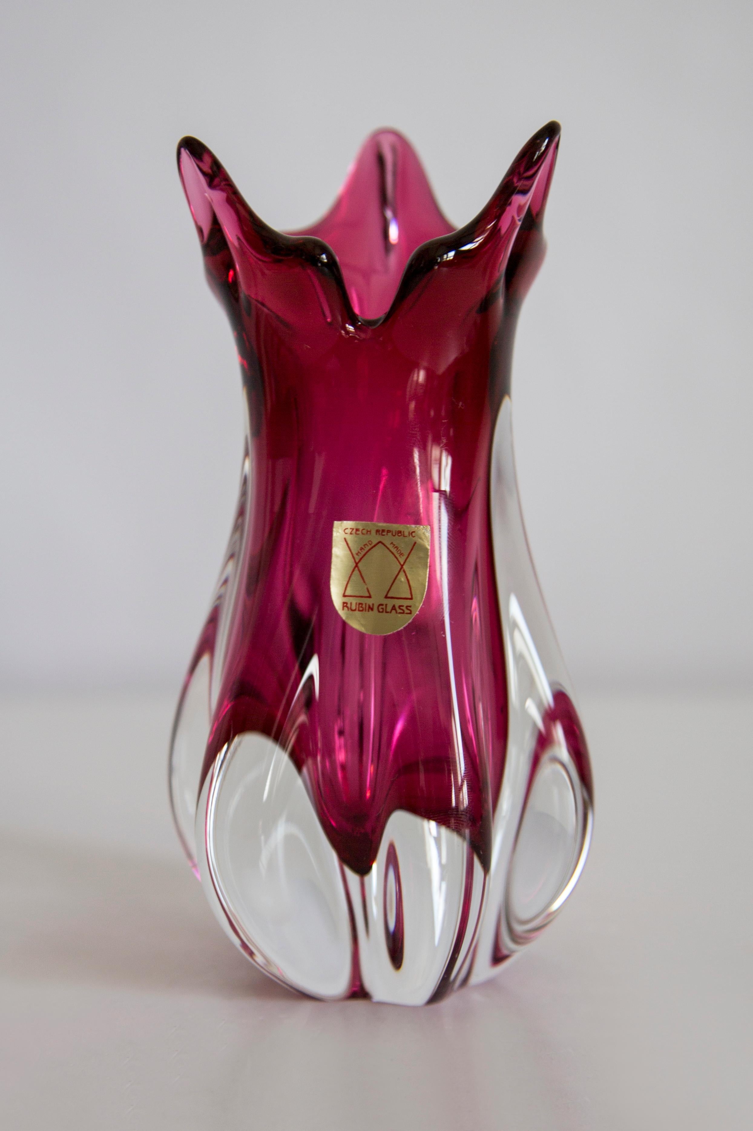 20th Century Mid Century Crystal Pink Glass Artistic Vase, Rubin Glass, Czech Republic, 1970s For Sale