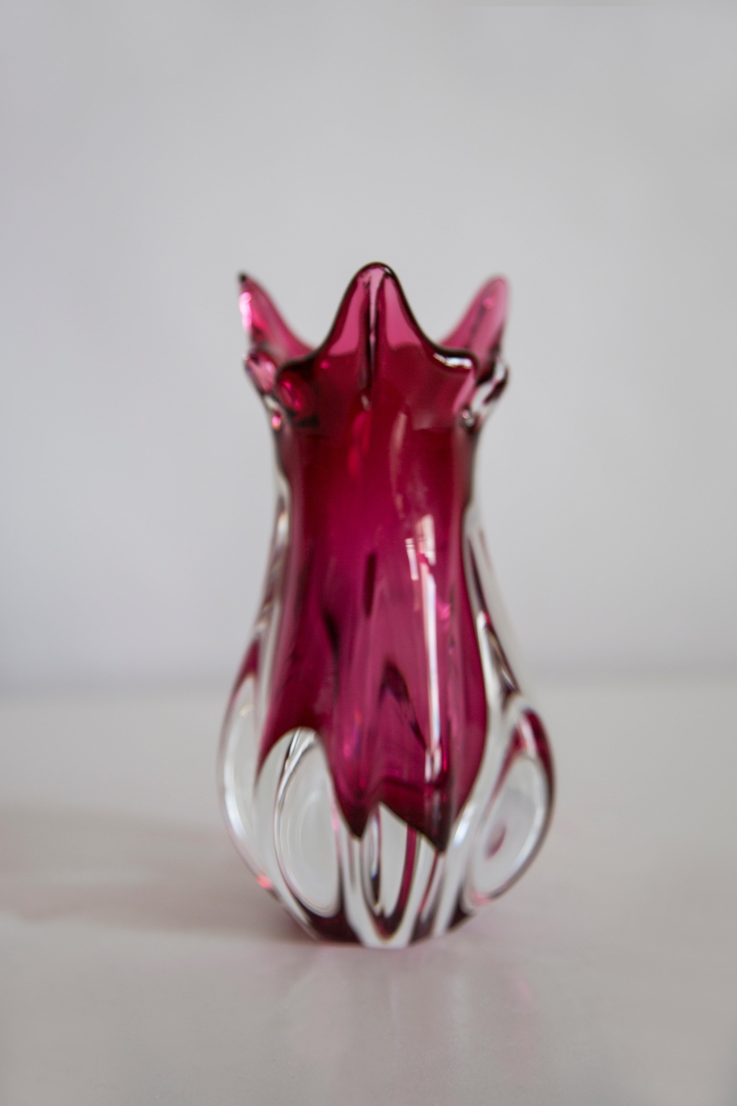 Mid Century Crystal Pink Glass Artistic Vase, Rubin Glass, Czech Republic, 1970s For Sale 1