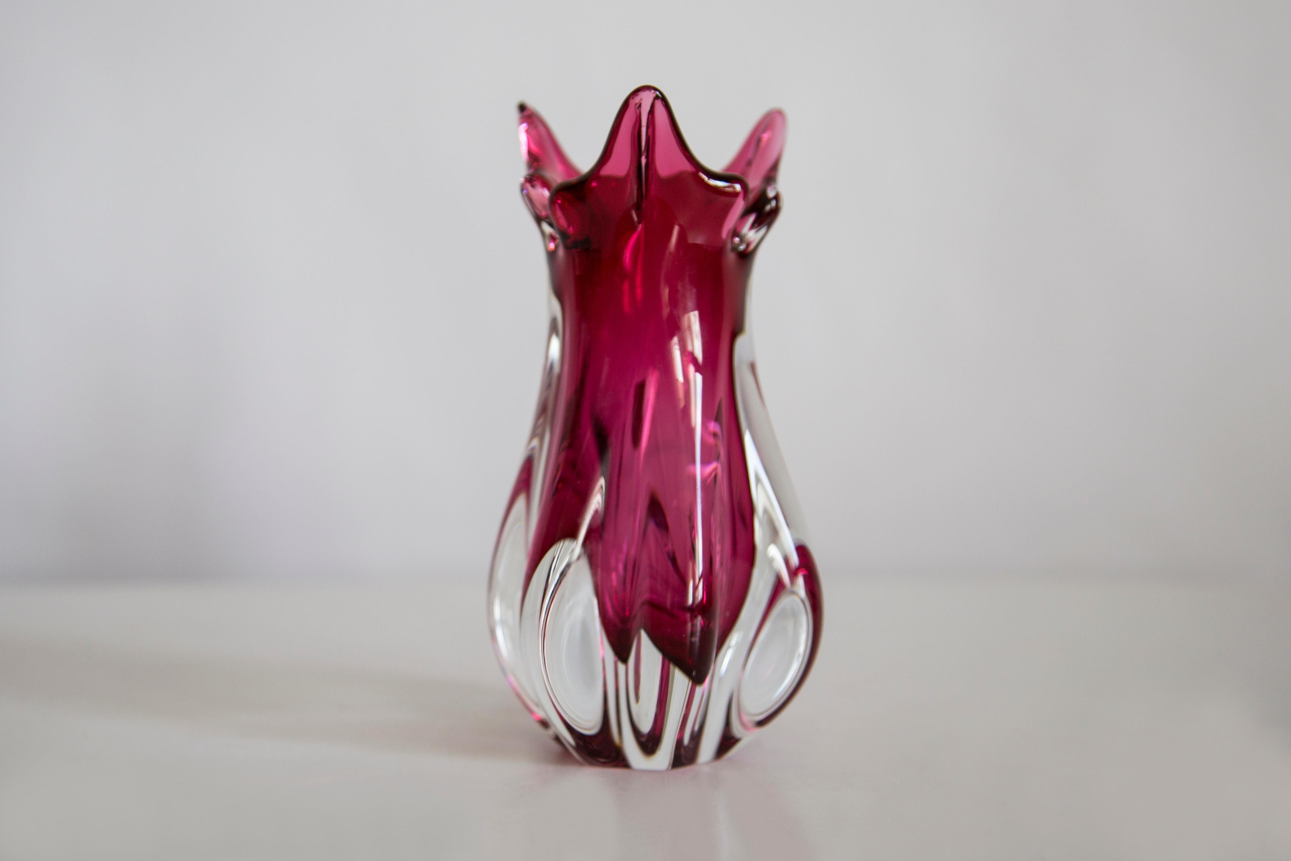 Mid Century Crystal Pink Glass Artistic Vase, Rubin Glass, Czech Republic, 1970s For Sale 2