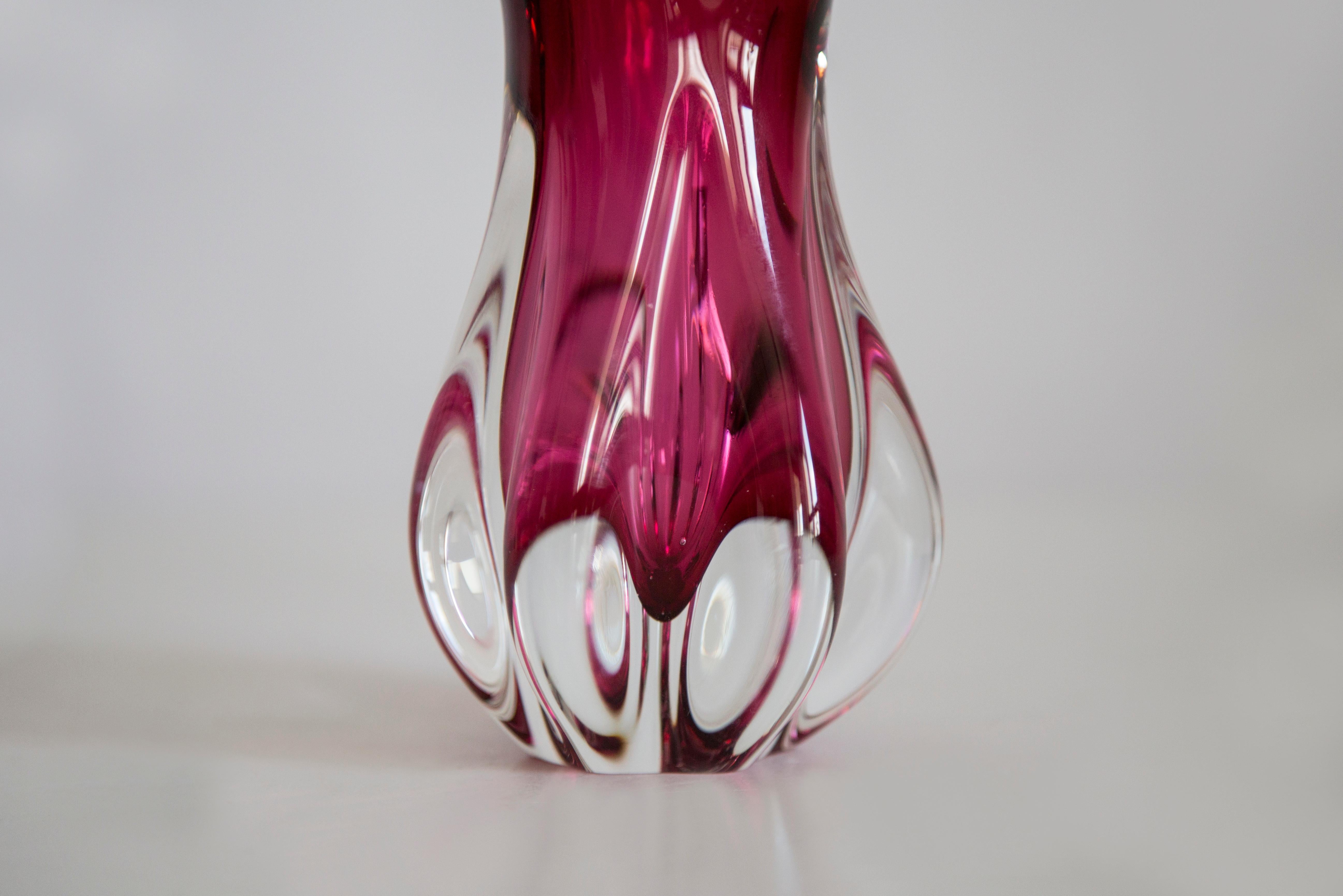 Mid Century Crystal Pink Glass Artistic Vase, Rubin Glass, Czech Republic, 1970s For Sale 3