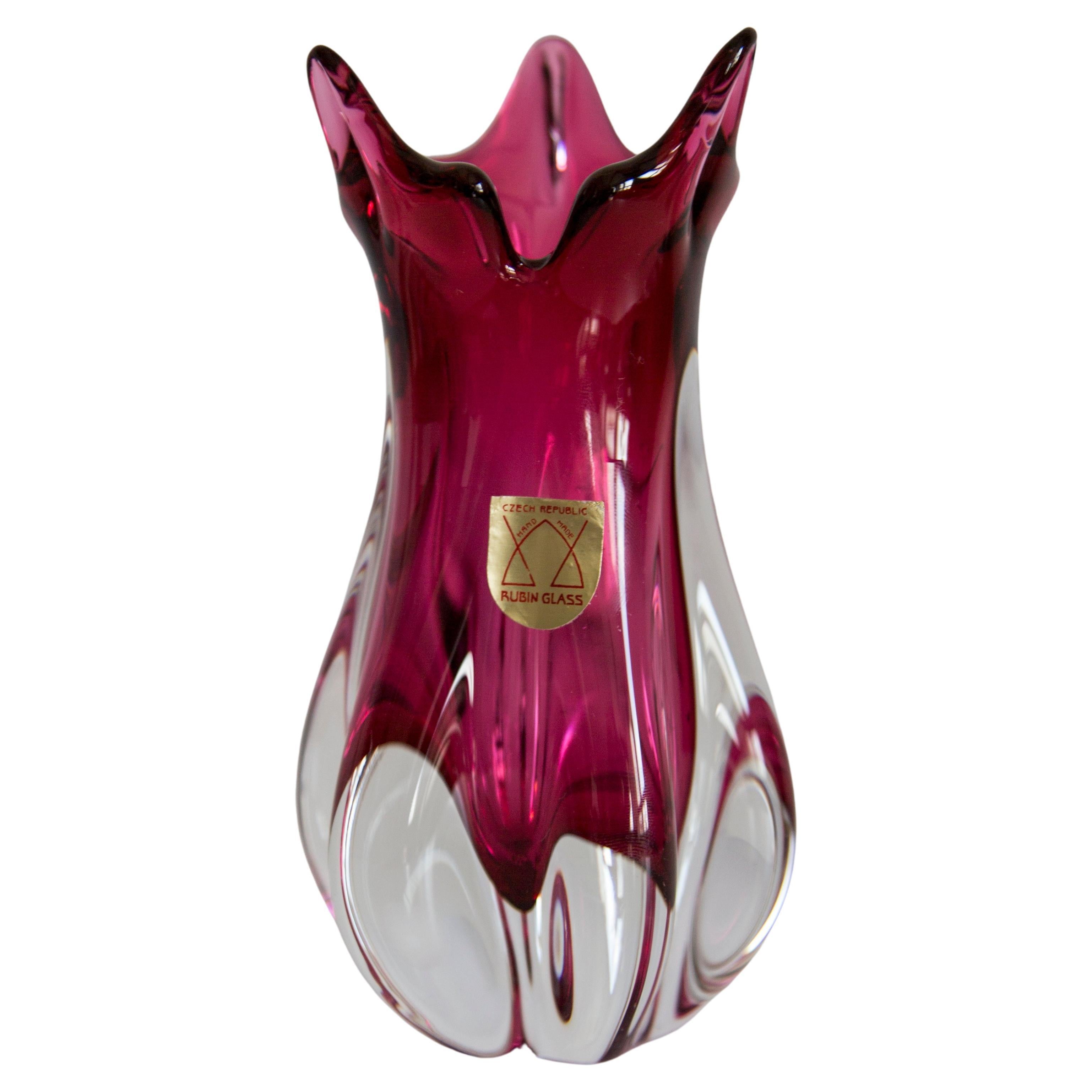 Mid Century Crystal Pink Glass Artistic Vase, Rubin Glass, Czech Republic, 1970s For Sale