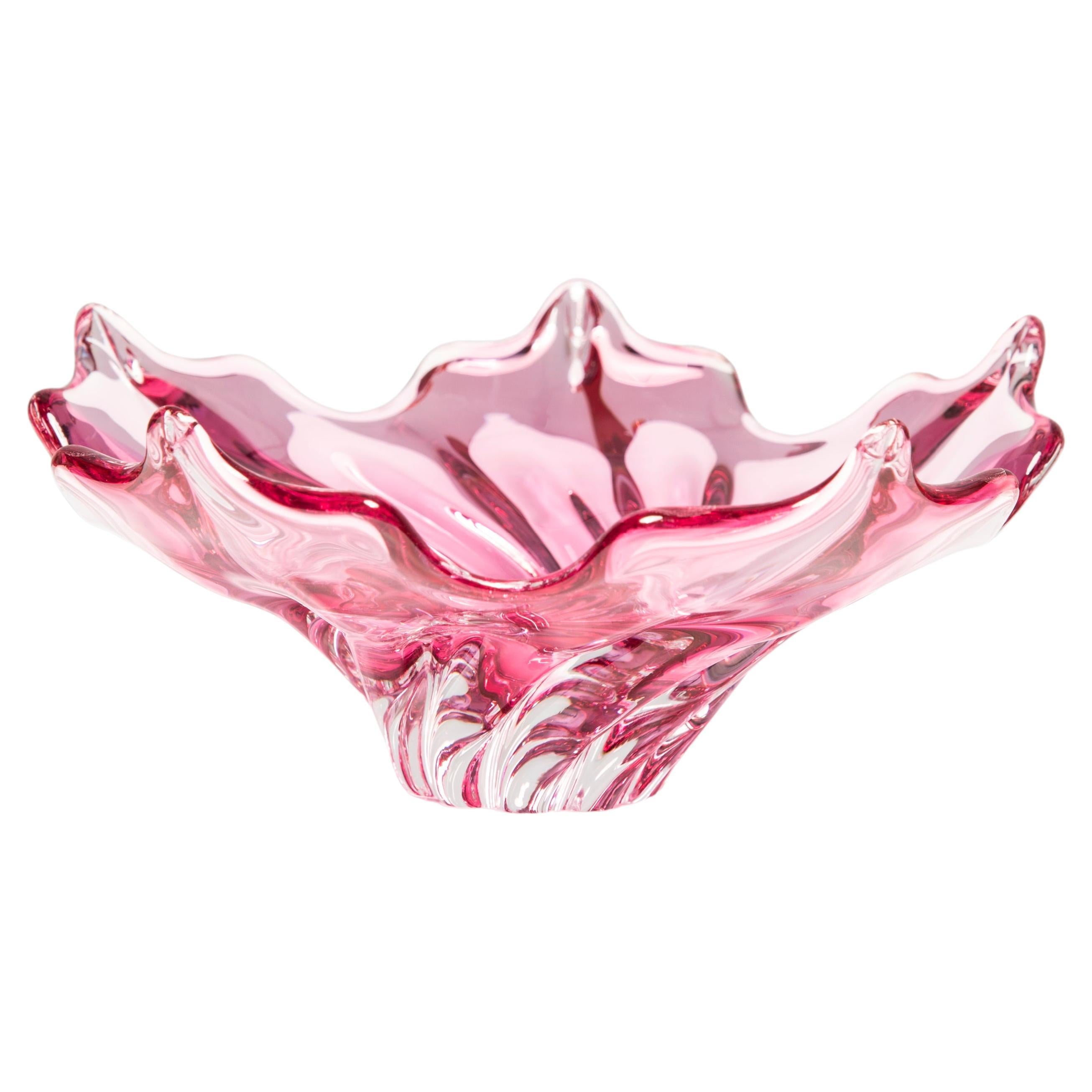 Mid Century Crystal Pink Glass Bowl, Italy, 1970s For Sale