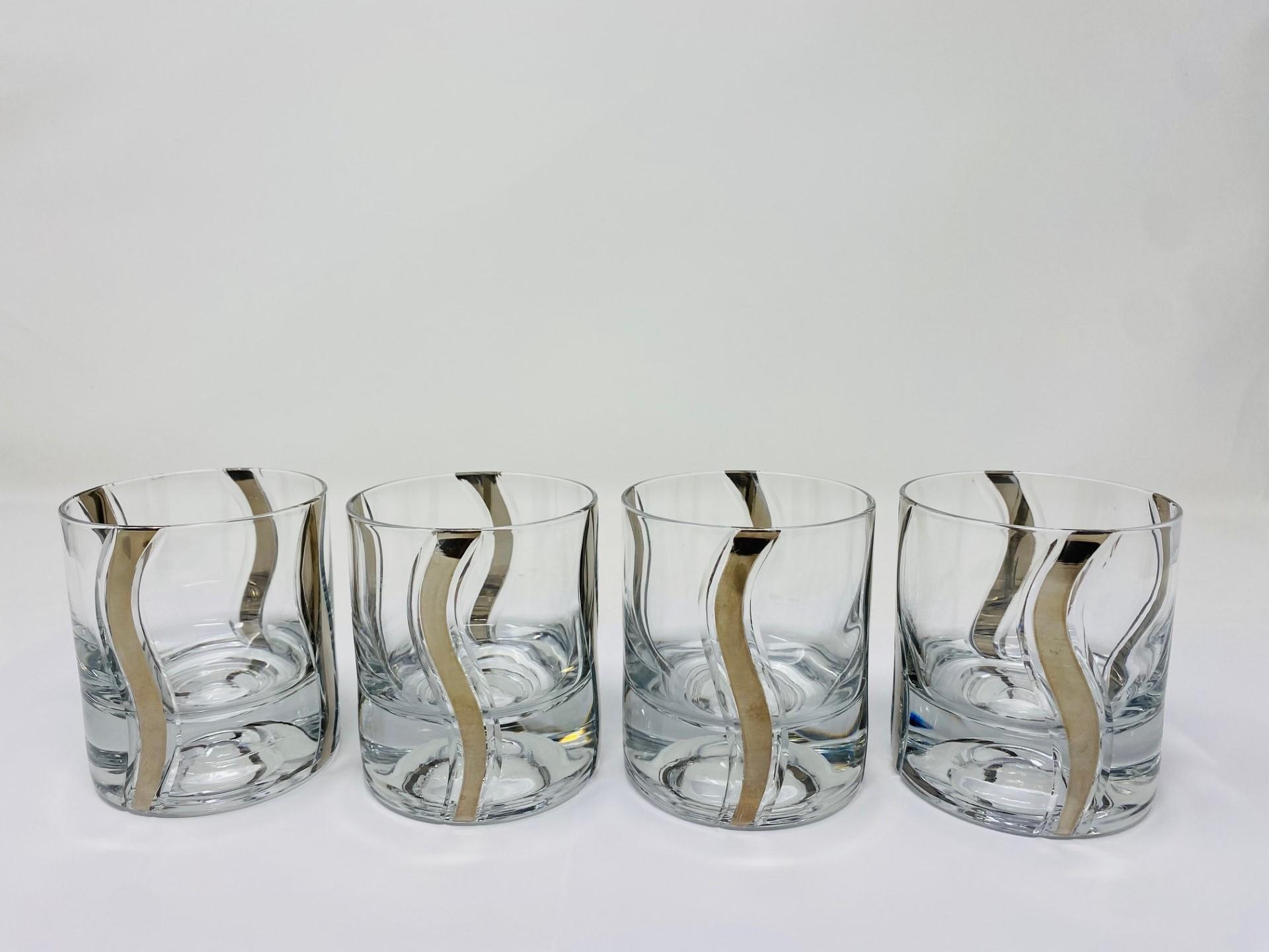 Mid Century Crystal Platinum Ribbon Old Fashioned Glasses Set of 4 For Sale 3