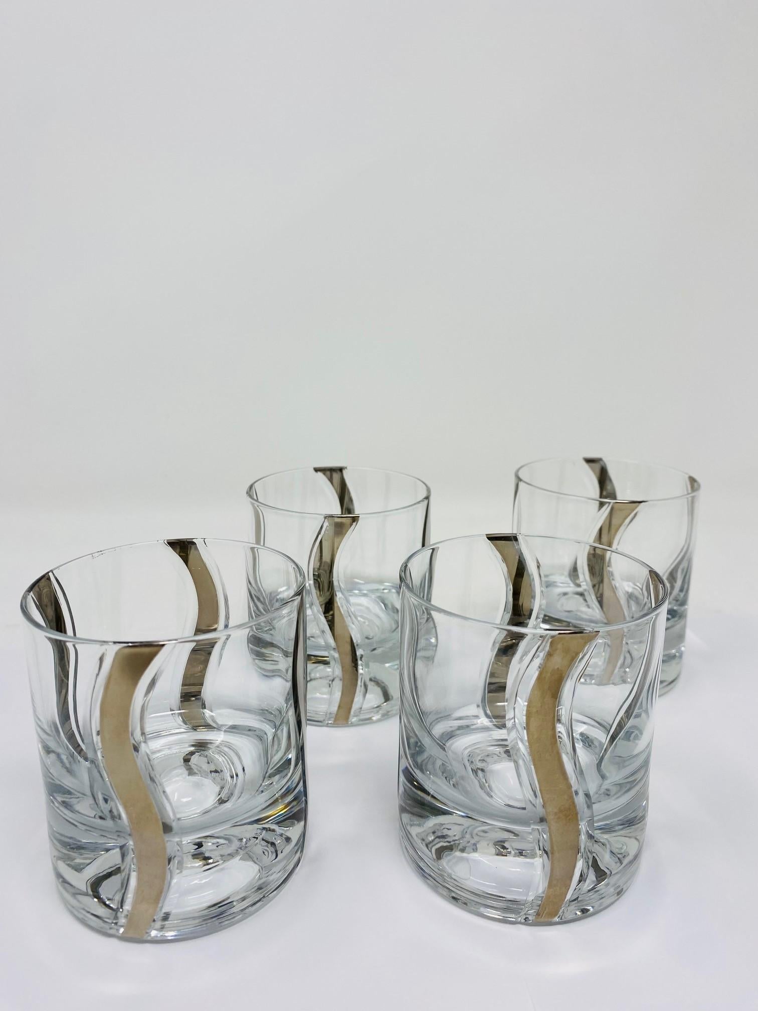 Mid Century Crystal Platinum Ribbon Old Fashioned Glasses Set of 4 For Sale 4