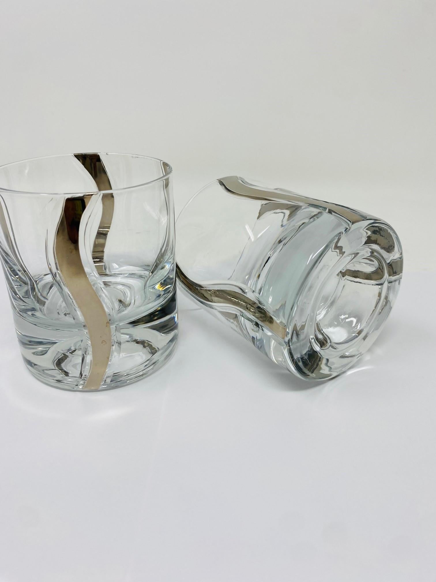 Mid Century Crystal Platinum Ribbon Old Fashioned Glasses Set of 4 For Sale 1