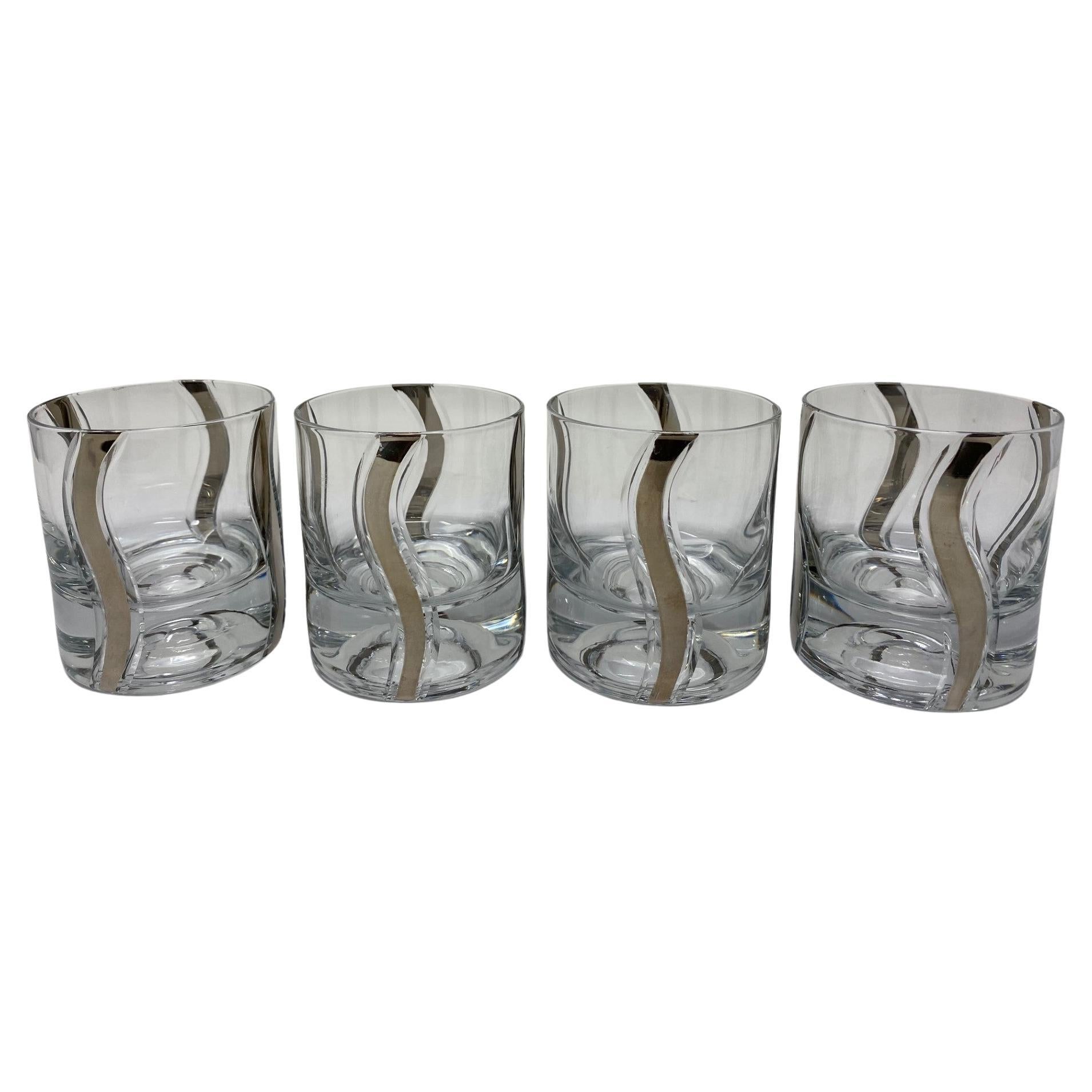 Mid Century Crystal Platinum Ribbon Old Fashioned Glasses Set of 4 For Sale