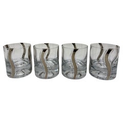 Retro Mid Century Crystal Platinum Ribbon Old Fashioned Glasses Set of 4
