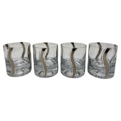 Antique Mid Century Crystal Platinum Ribbon Old Fashioned Glasses Set of 4