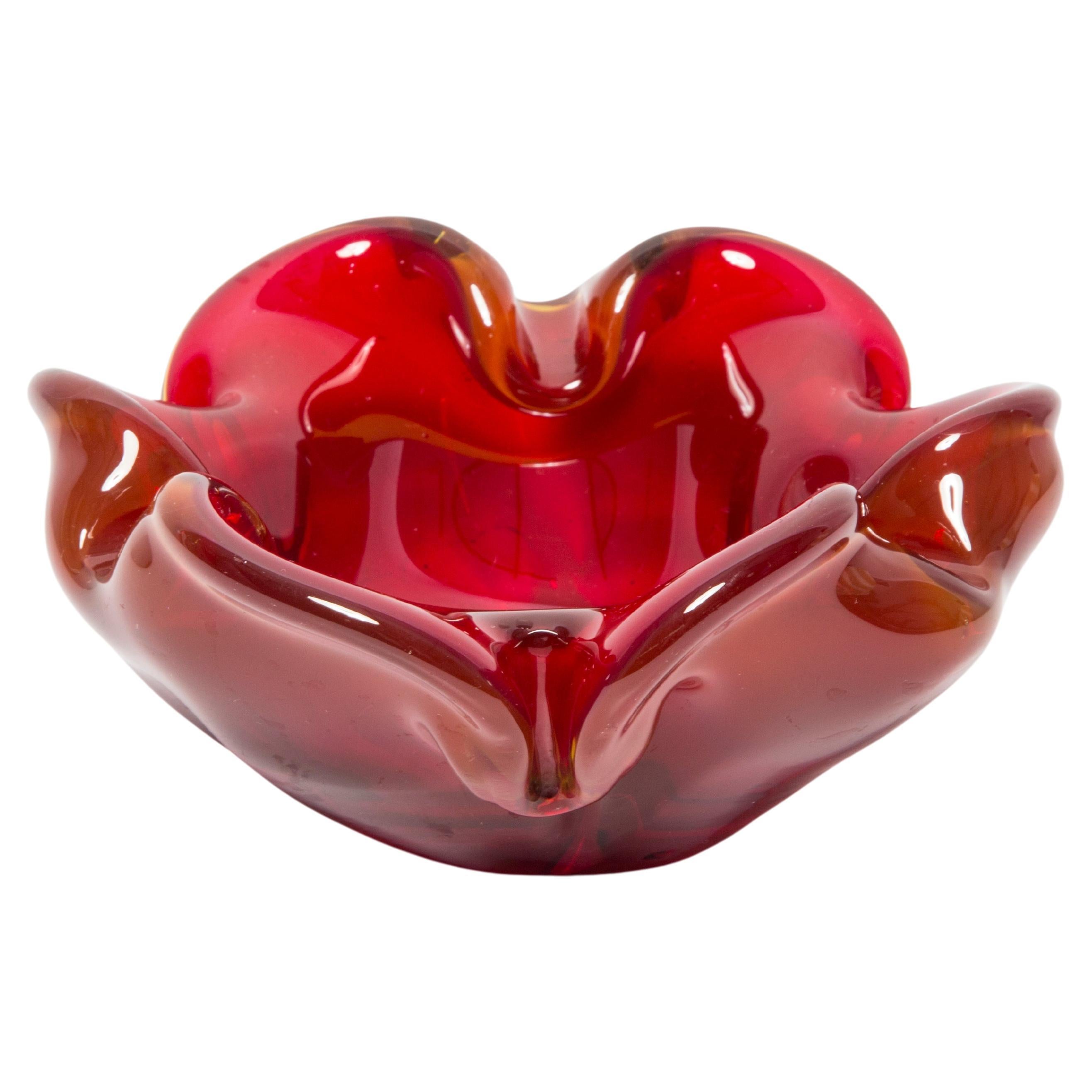Mid Century Crystal Red Artistic Glass Ashtray Bowl, Italy, 1970s