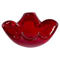 Vintage Mid Century Crystal Red Glass Ashtray Bowl, Italy, 1970s