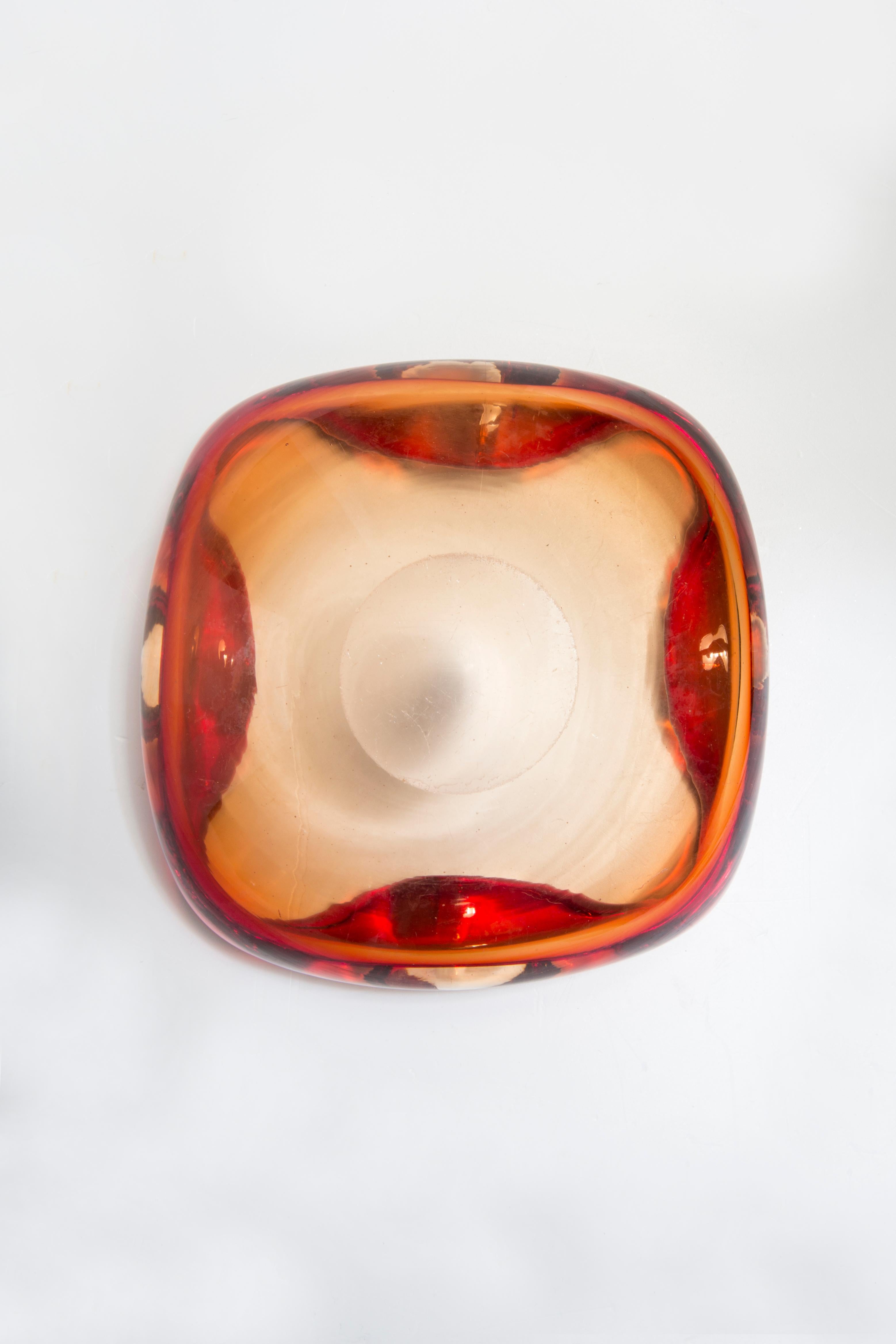 Mid Century Crystal Red Orange Glass Big Ashtray Bowl, Italy, 1970s 1