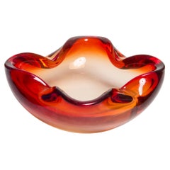 Vintage Mid Century Crystal Red Orange Glass Big Ashtray Bowl, Italy, 1970s