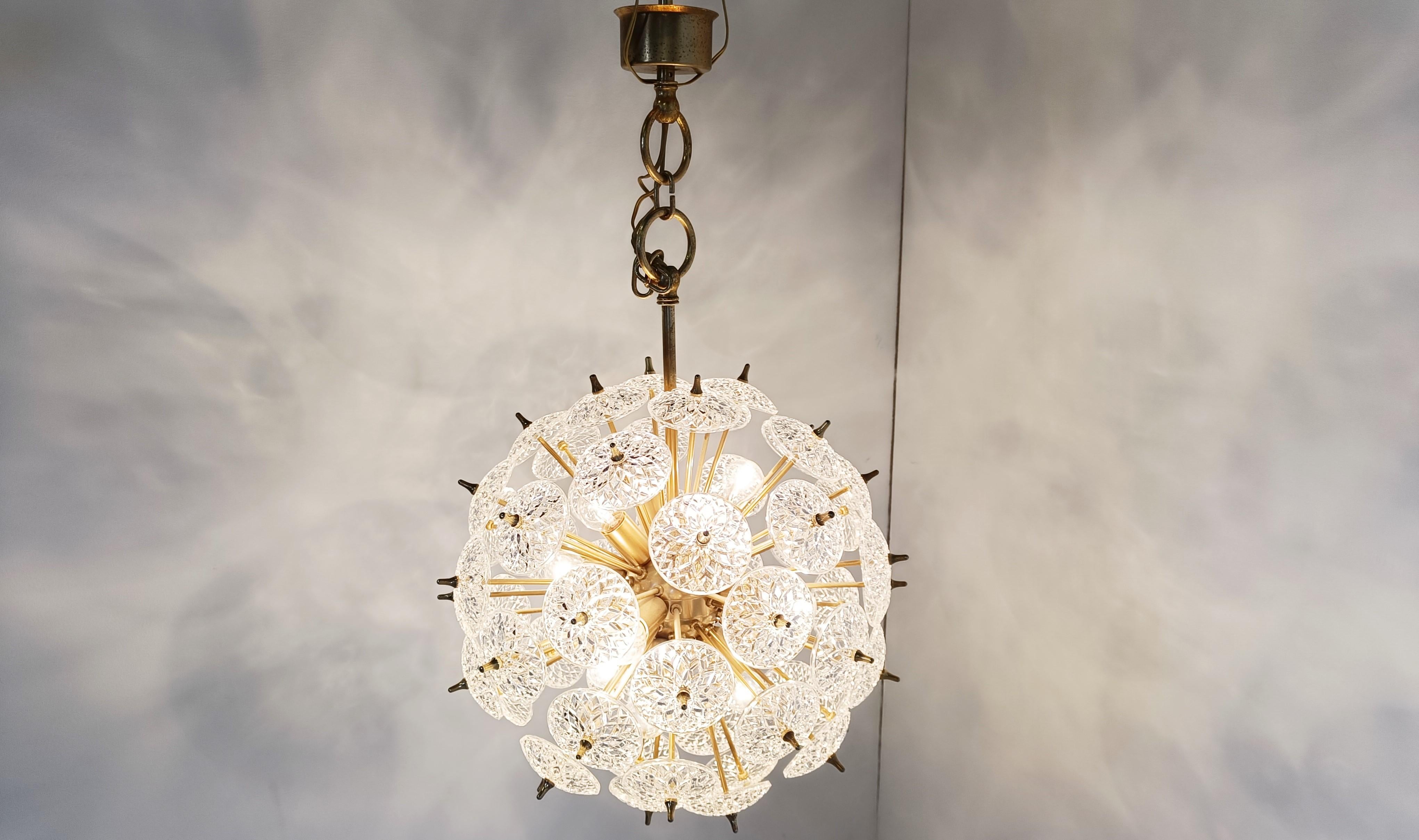 Brass Mid century crystal sputnik chandelier by Val saint lambert, 1960s