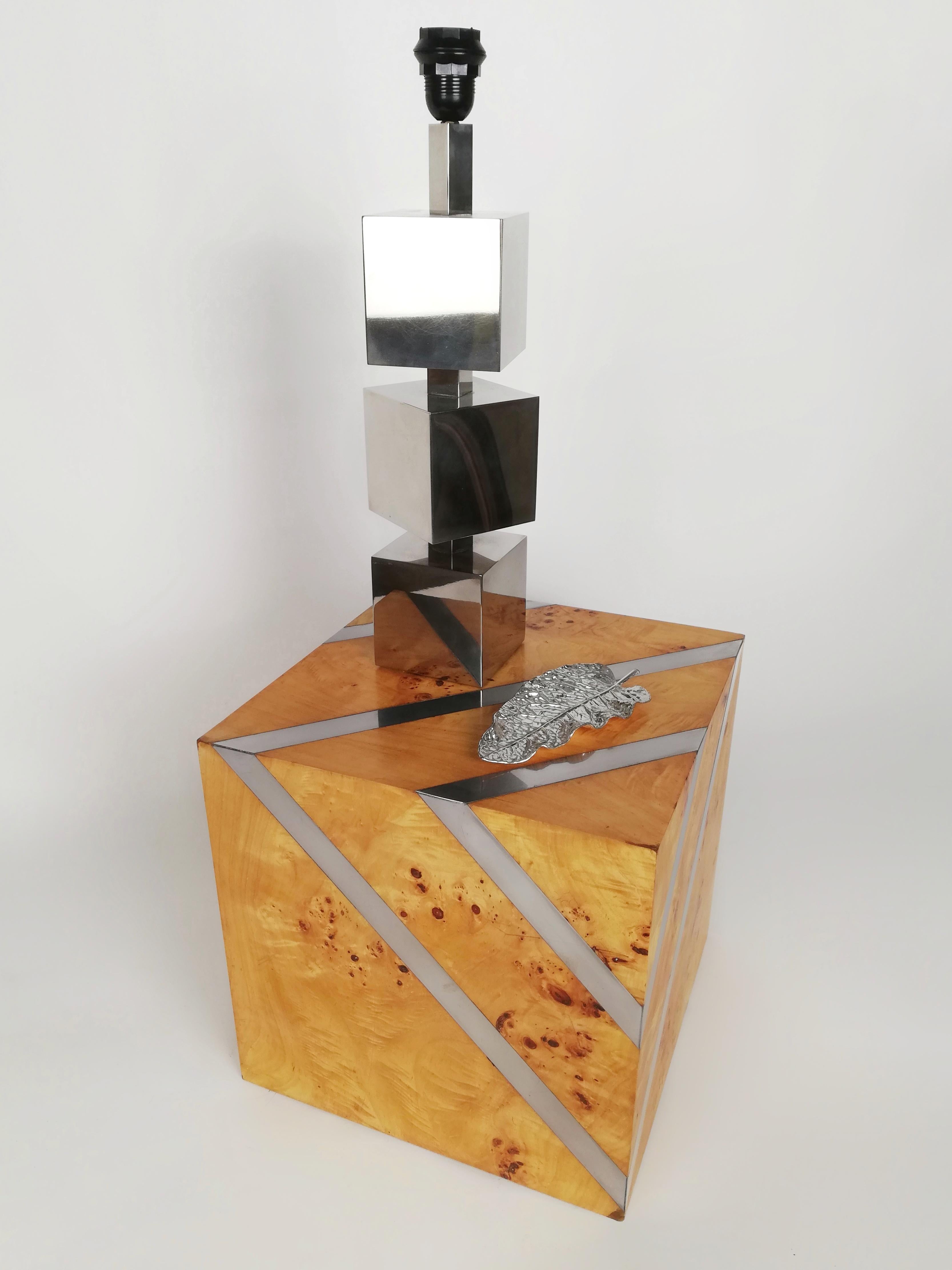 Mid-Century Cube End Table in Birch Burl & Chromed Metal, Italy, 1970s For Sale 4