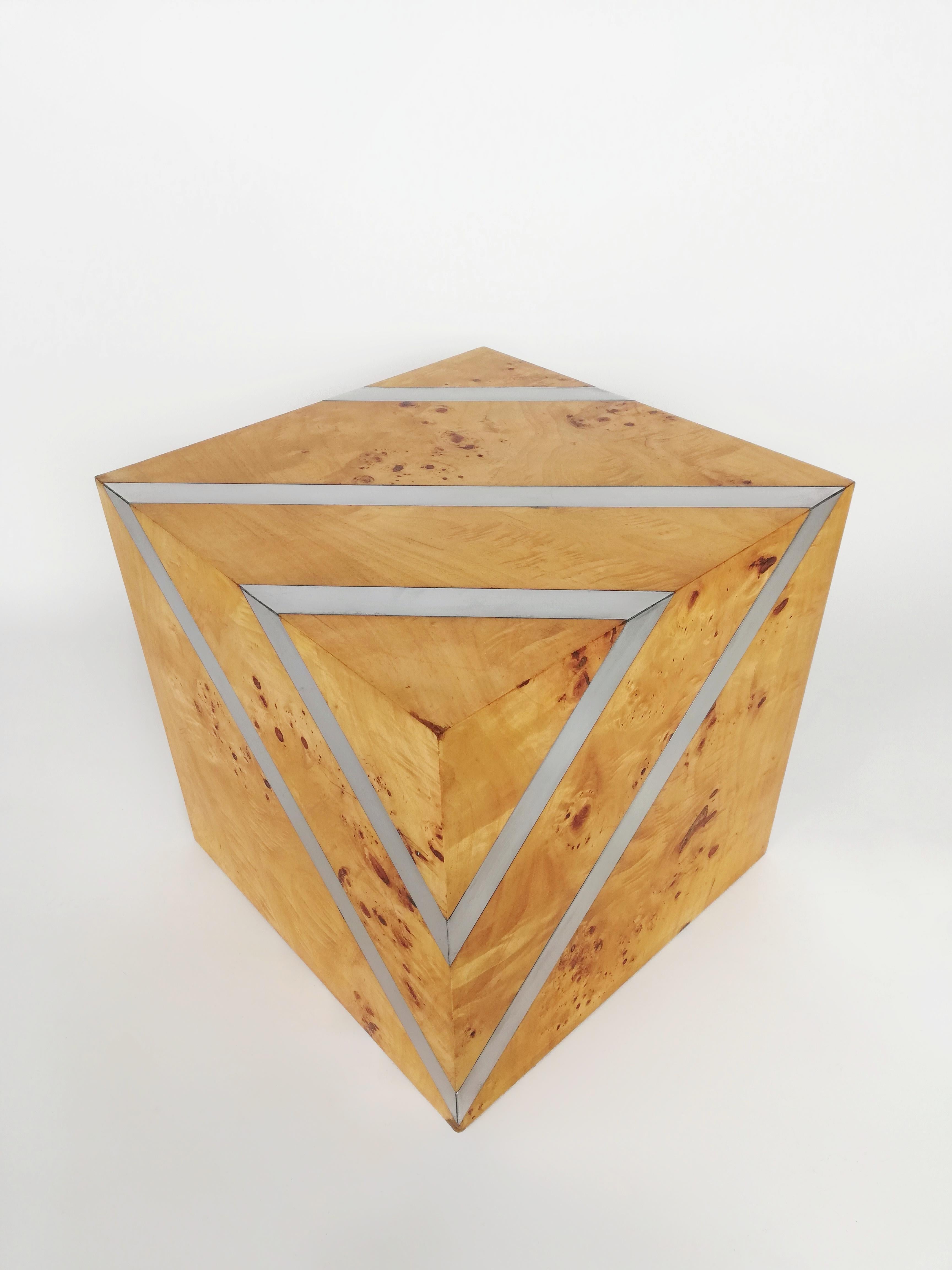 Mid-Century Cube End Table in Birch Burl & Chromed Metal, Italy, 1970s For Sale 7