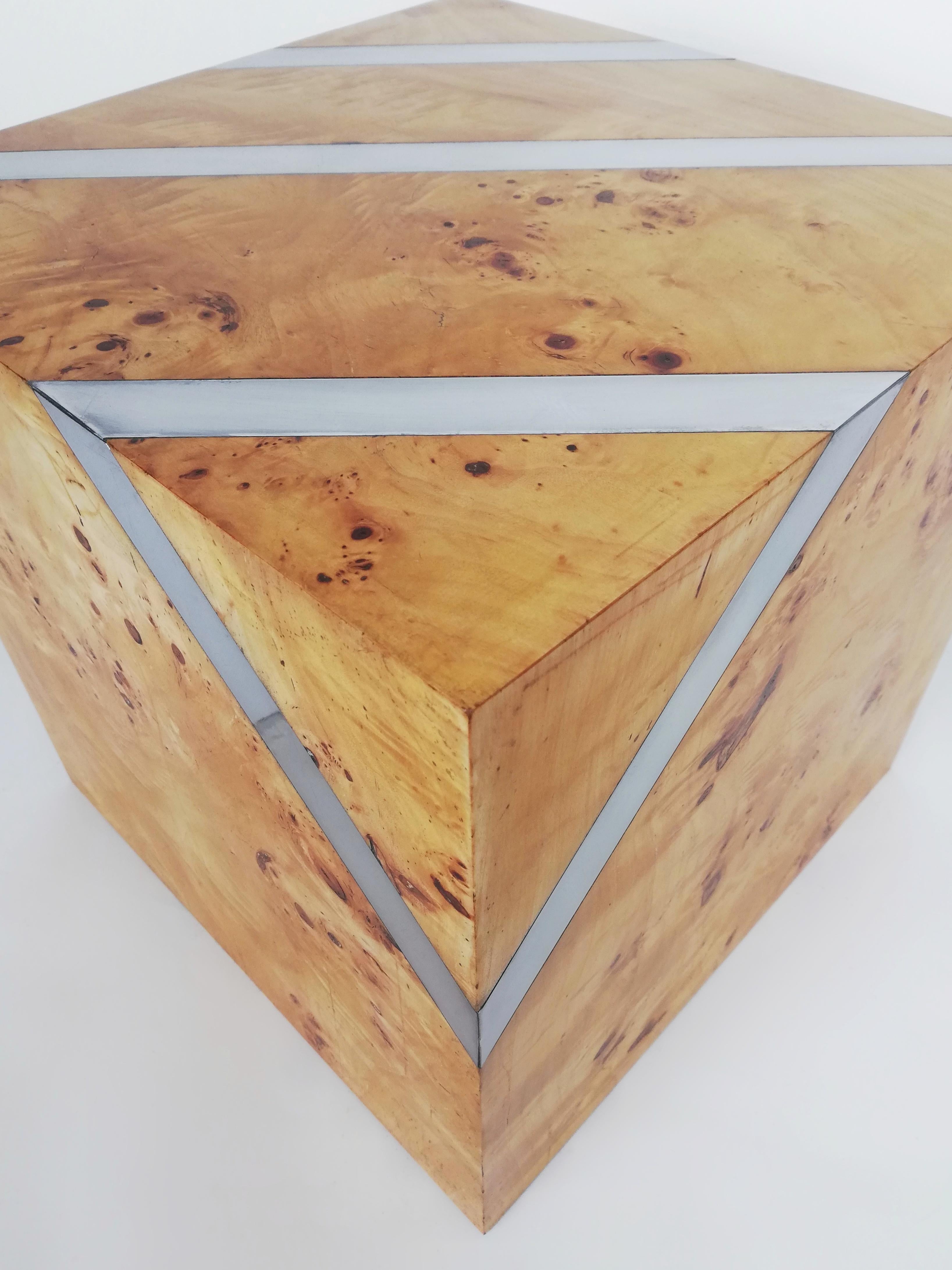 Mid-Century Cube End Table in Birch Burl & Chromed Metal, Italy, 1970s For Sale 1