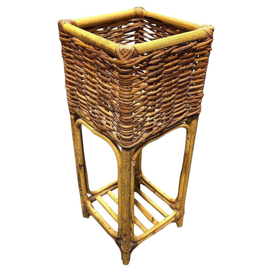 Mid Century Cubed Woven Rattan Pedestal Plant Stand