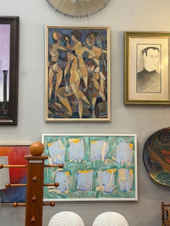 Mid-Century Cubist Abstract Female Nudes Oil Painting by André Poirson