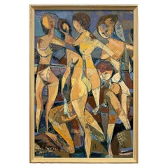 Mid-Century Cubist Abstract Female Nudes Oil Painting by André Poirson
