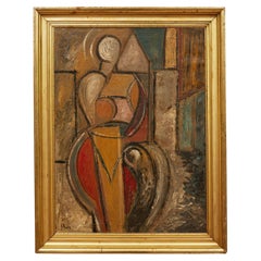 Figure cubiste moderne du milieu du siècle sur toile de John Ross (1921-2017)