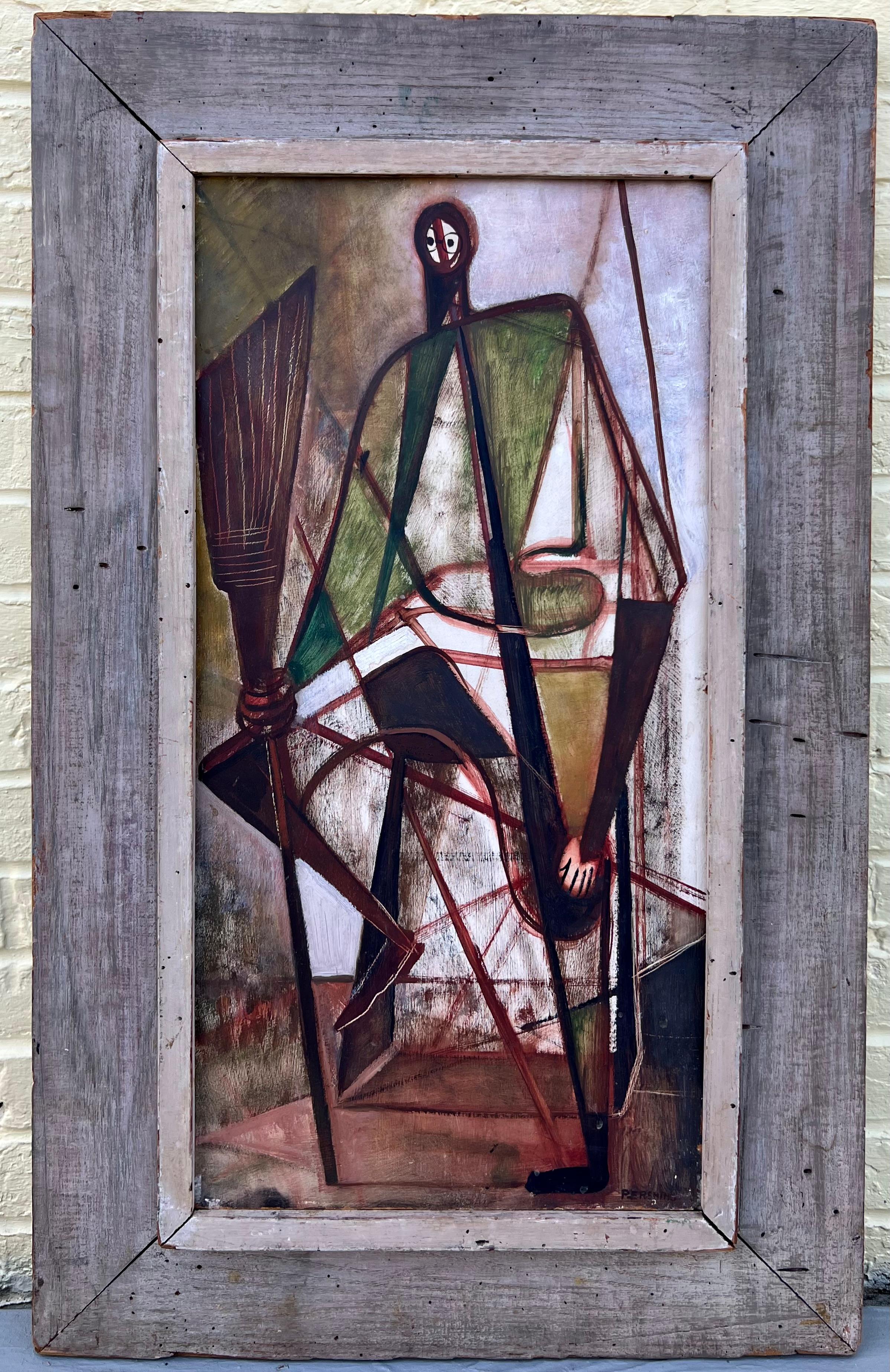 Mid-century cubist oil on masonite signed in the lower right. Presented in what is most likely its original frame and presents well. Original label from Contemporary Arts on E 57th in NYC on stretcher. This painting probably dates from the 1940s.