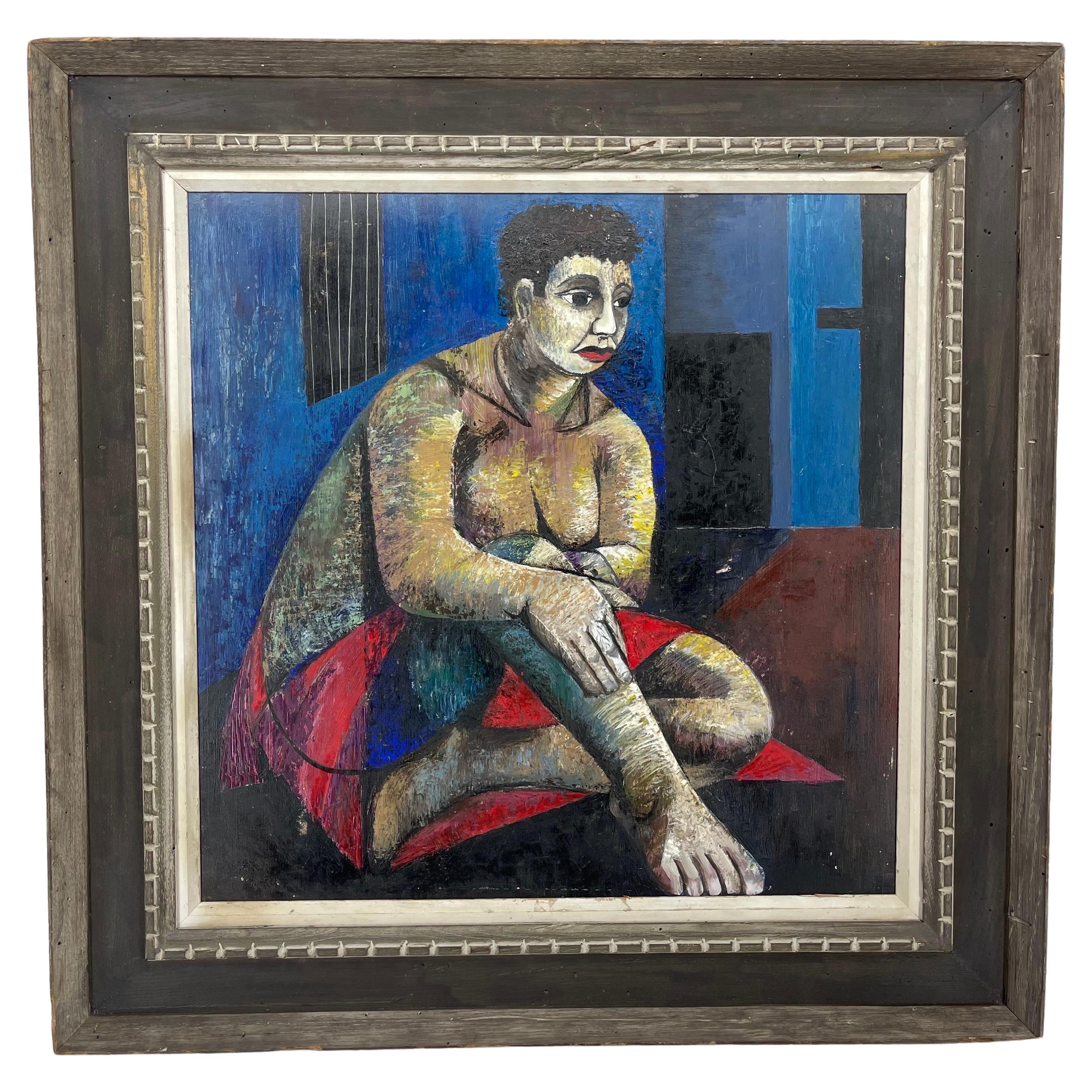 Mid-Century Cubist Modernist Painting of Female Nude Portrait